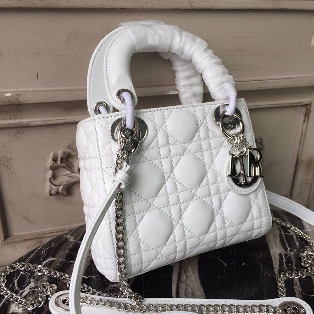 Christian Dior Mini Lady Dior Bag White Chain Silver Hardware For Women 17cm/6.5in CD1:1High-quality replica