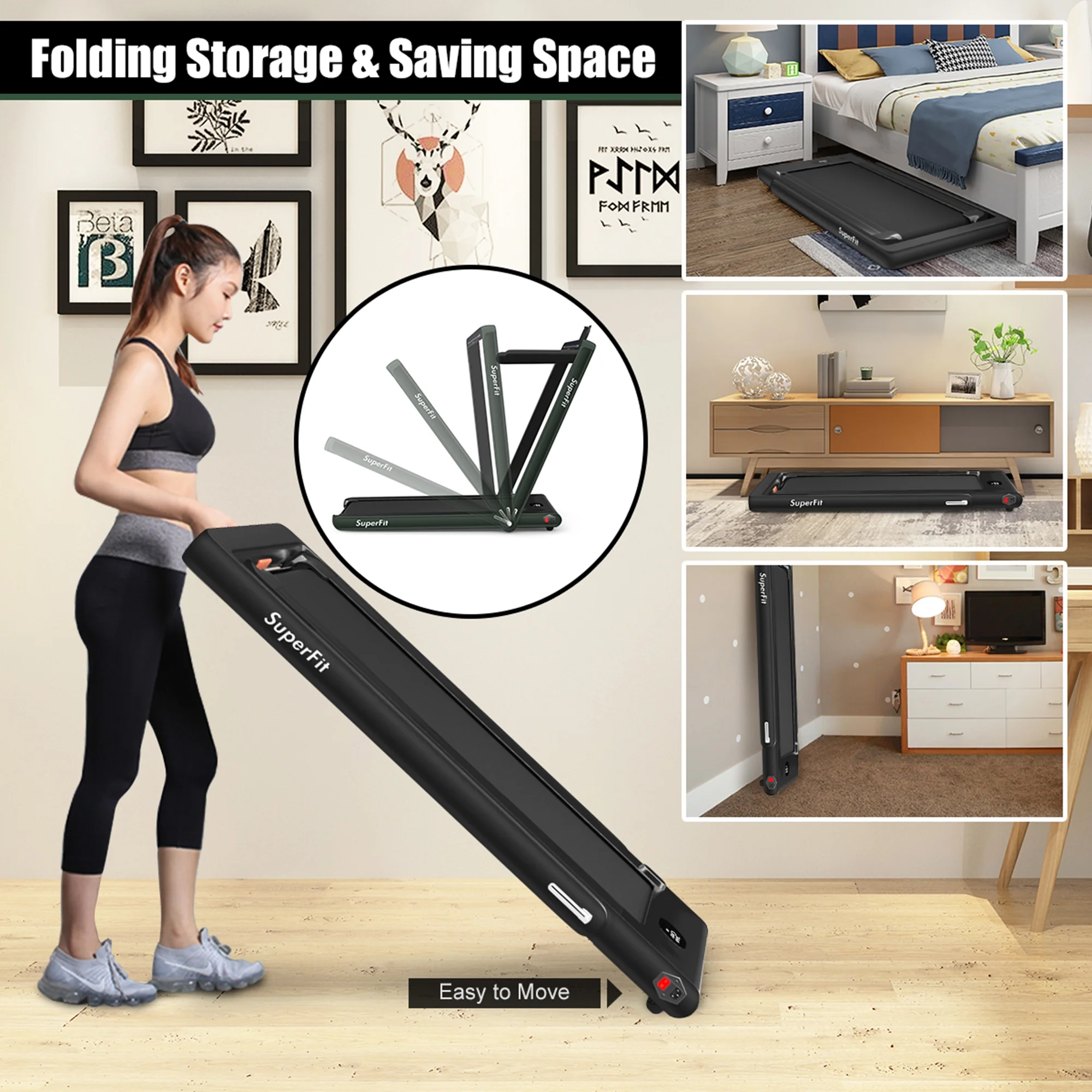 Gymax 2 in 1 Folding Treadmill 2.25HP Running Machine w/ Dual Display APP Control Black - Image 10