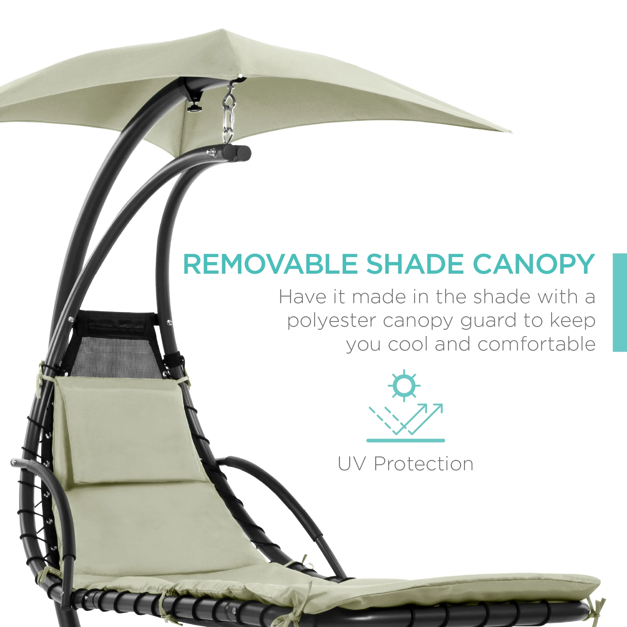 Best Choice Products Hanging Curved Chaise Lounge Chair Swing for Backyard, Patio w/ Pillow, Shade, Stand - Teal - Image 78