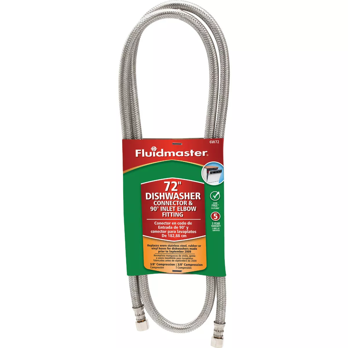 Fluidmaster 3/8 In. x 3/8 In. x 72 In. L Stainless Steel Dishwasher Connector