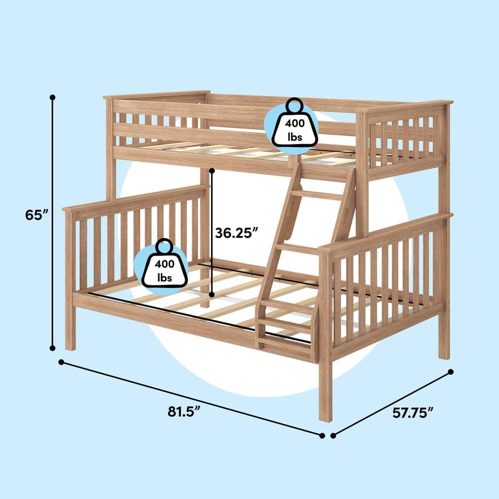 Max & Lily Bunk Bed Twin Over Full Size with Ladder, Solid Wood Platform Bed Frame with Ladder for Kids, 14