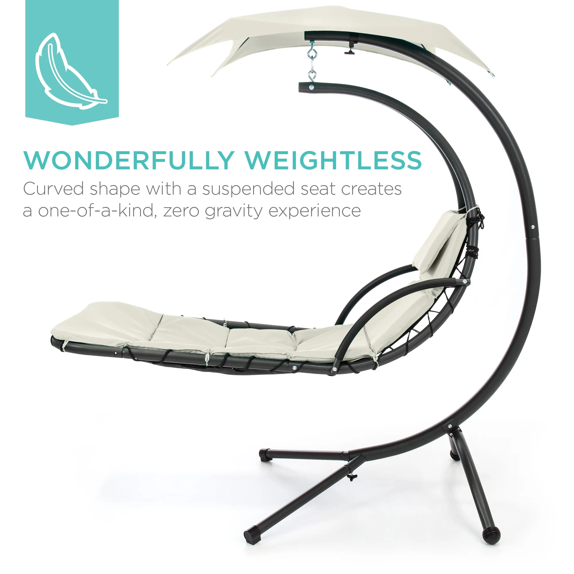 Best Choice Products Hanging Curved Chaise Lounge Chair Swing for Backyard, Patio w/ Pillow, Shade, Stand - Teal - Image 33