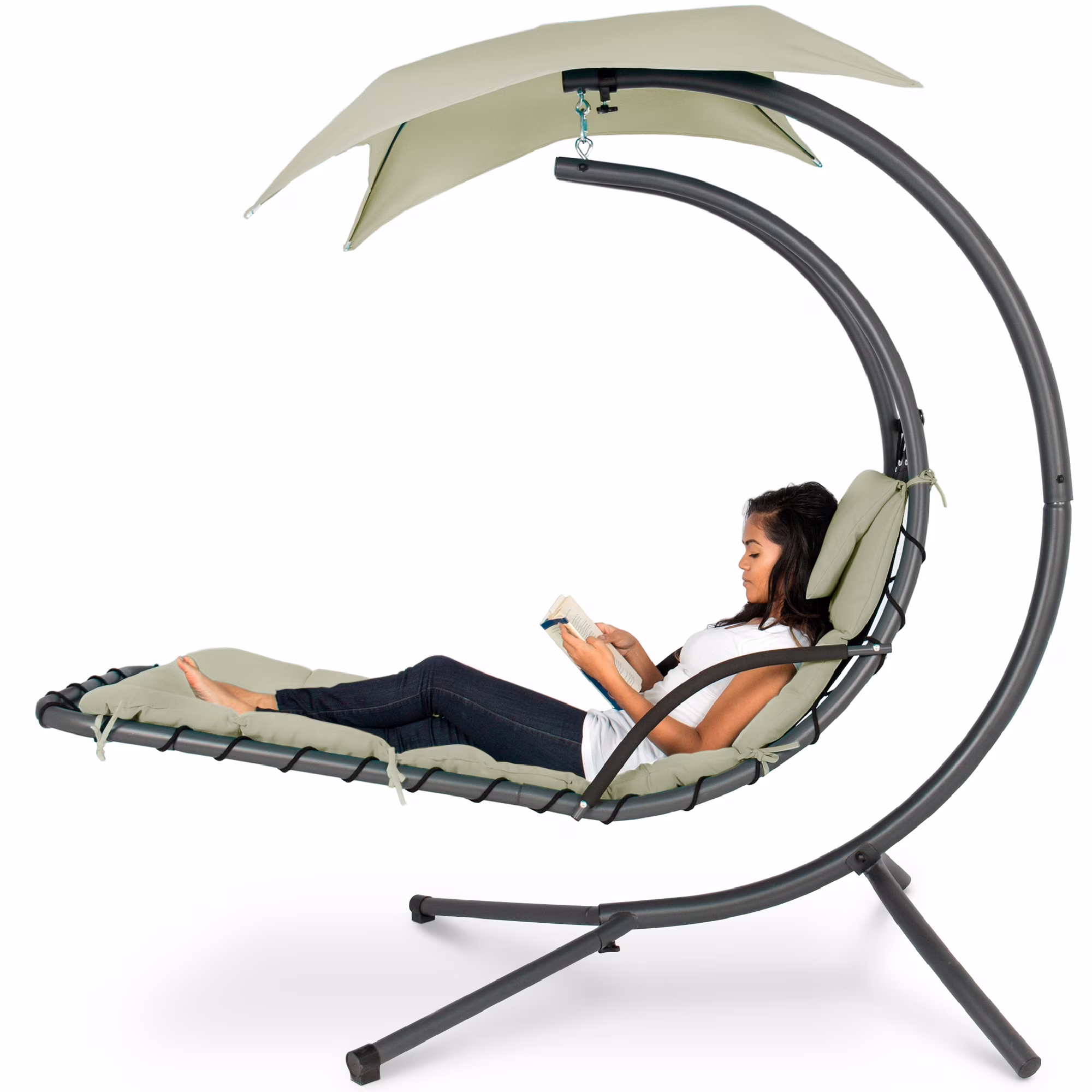 Best Choice Products Hanging Curved Chaise Lounge Chair Swing for Backyard, Patio w/ Pillow, Shade, Stand - Teal - Image 17