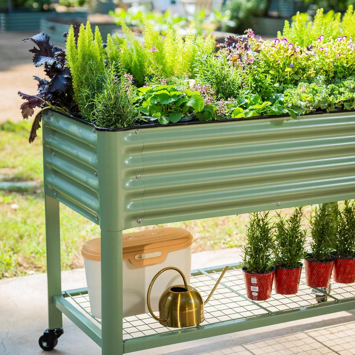 Vego Garden Elevated Raised Garden Bed With Legs And Storage Rack, 2' x 4', Olive Green - V Series - Image 7 Vego Garden Elevated Raised Garden Bed With Legs And Storage Rack, 2' x 4', Olive Green - V Series - Image 7