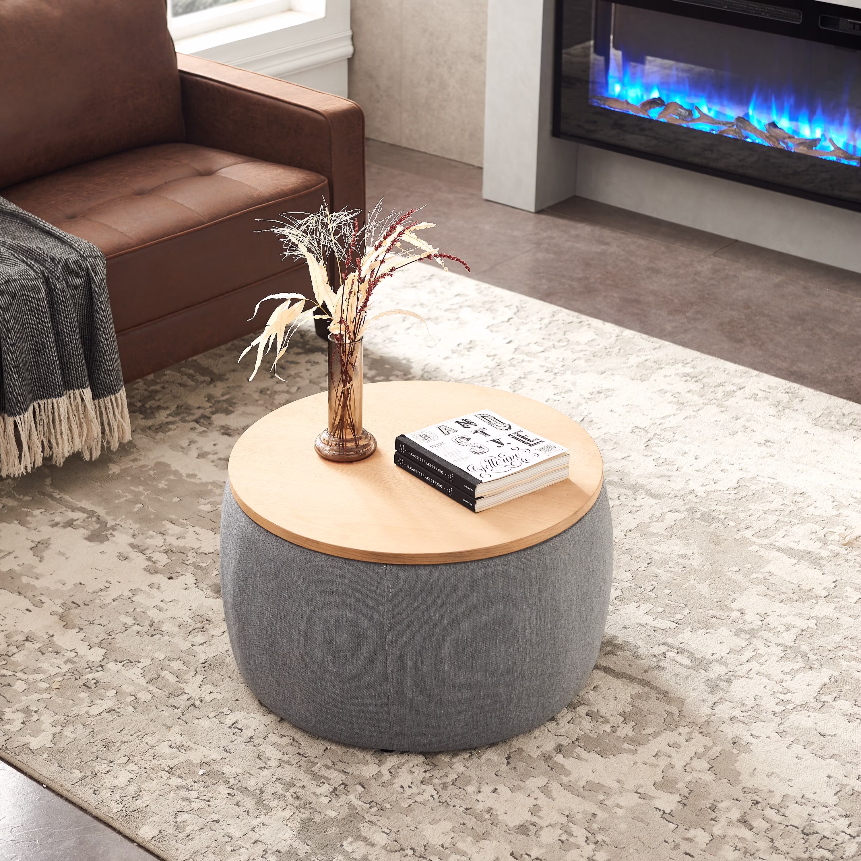 BTMWAYRound Coffee Table, 2 in 1 Round Storage Ottoman with Reversible Lid Tray, Upholstered Round Storage Ottoman Coffee Table with Storage, Footstool End Table for Living Room, Bedroom, Light Gray - Image 3