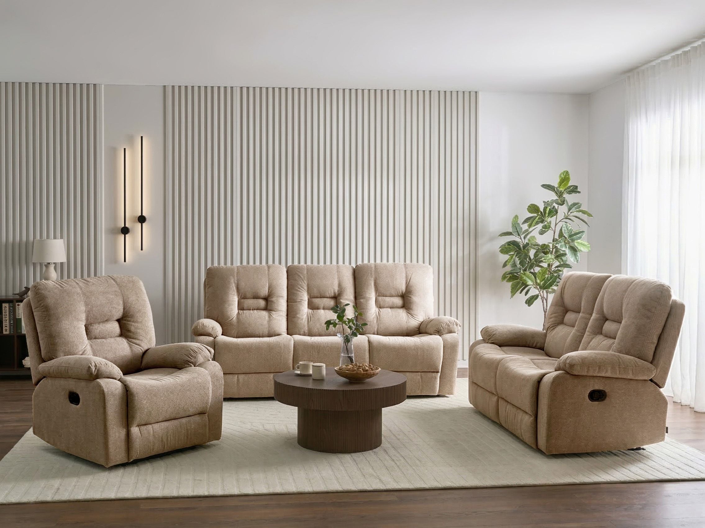 Manual Recliner Living Room Set 6 Seater BERGEN Fabric Beige