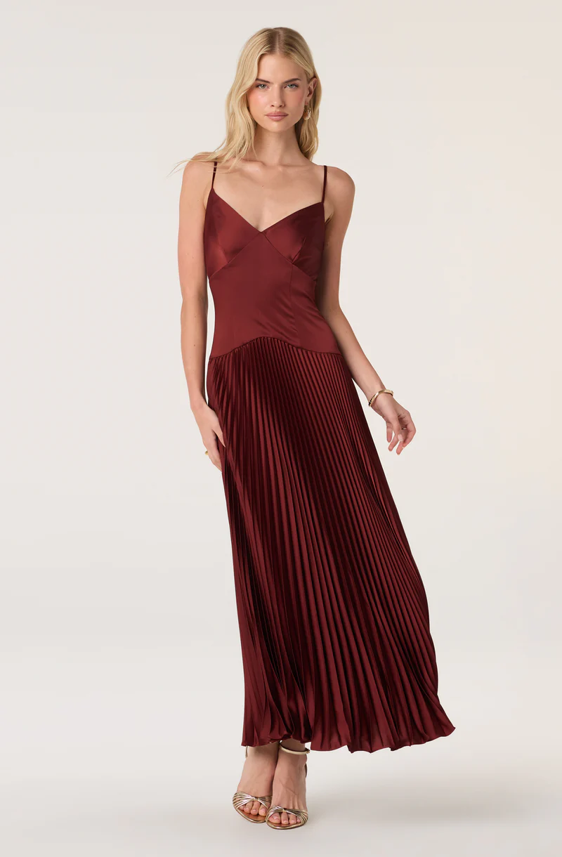 Satin Pleated Drop Waist Maxi Dress - Rust