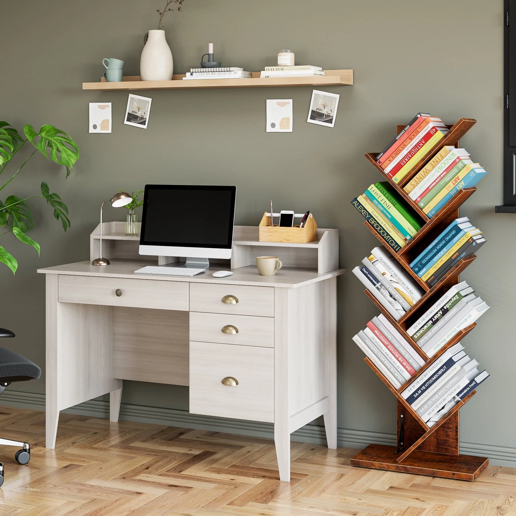 Homfa 47 in Computer Desk, Home Office Writing Table with 4 Drawers and Hutch Shelf, Sturdy Desk with Spacious Desktop, Oak White Finish