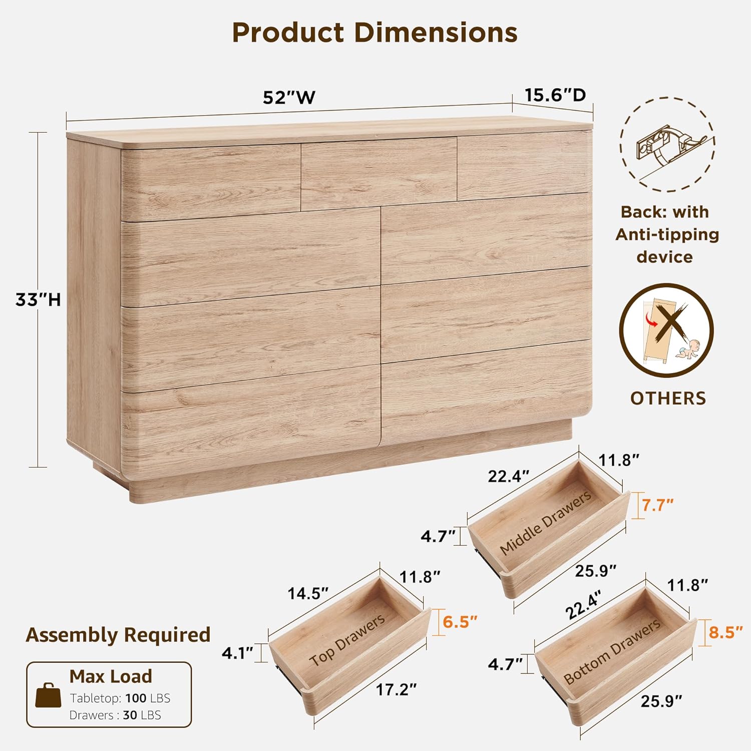 JXQTLINGMU 9 Drawer Dresser for Bedroom, 52