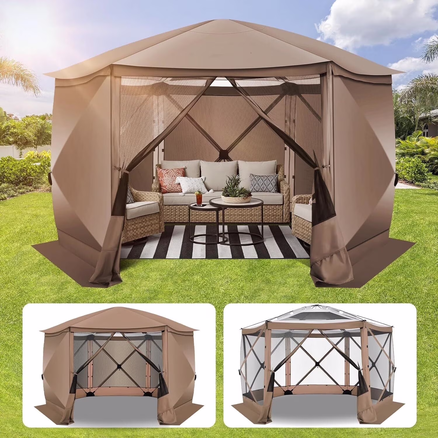 COBIZI 12'x12' Pop-up Gazebo Outdoor Camping Tent with 6 Sides Mosquito Netting, Waterproof, UV Resistant, Portable Screen House Room, Easy Set-up Party Tent with Carry bag, Ground Spike, Brown - Image 3