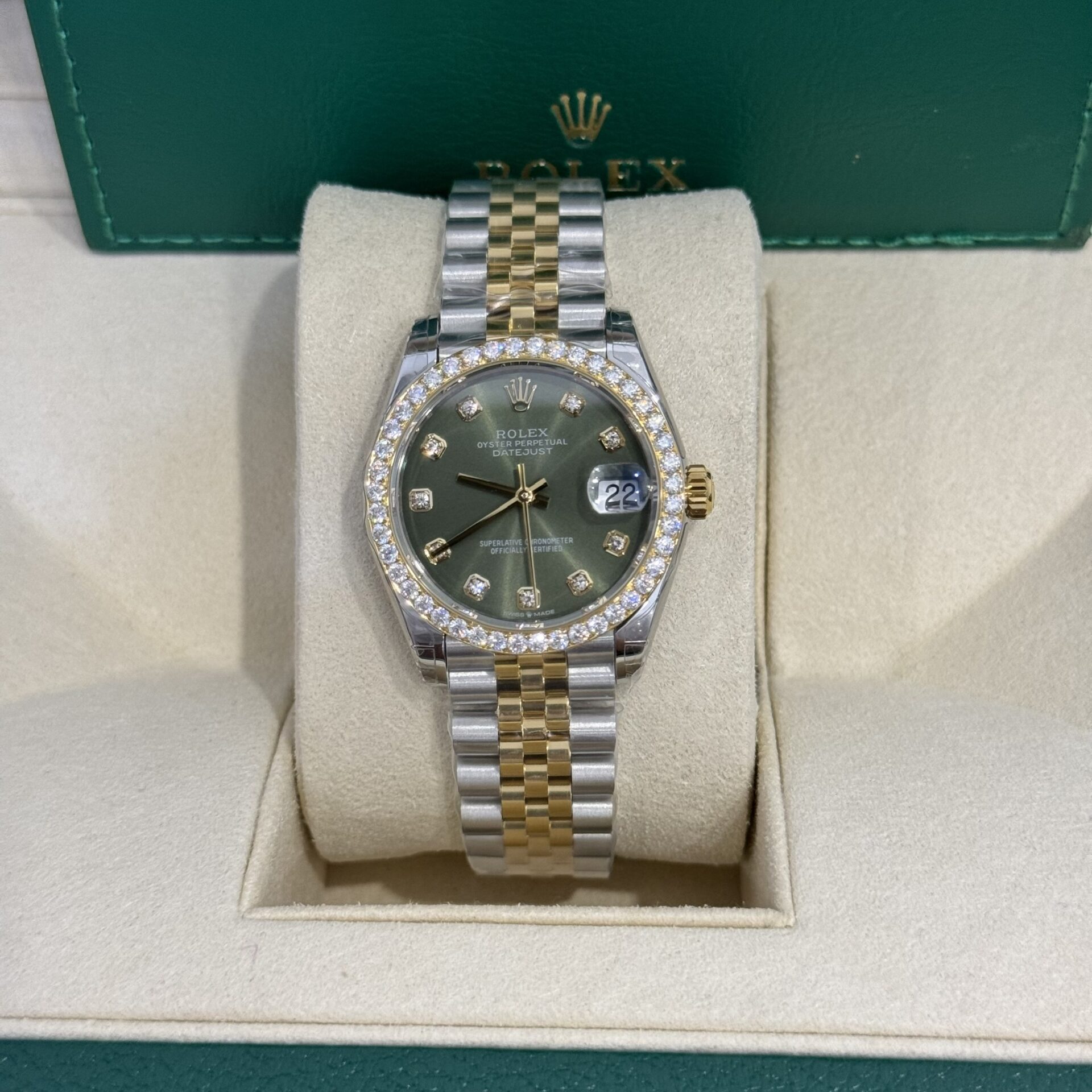 Rolex DateJust Replica Watch Moissanite Diamond Green Dial 31mm - Elite Watch Atelier
