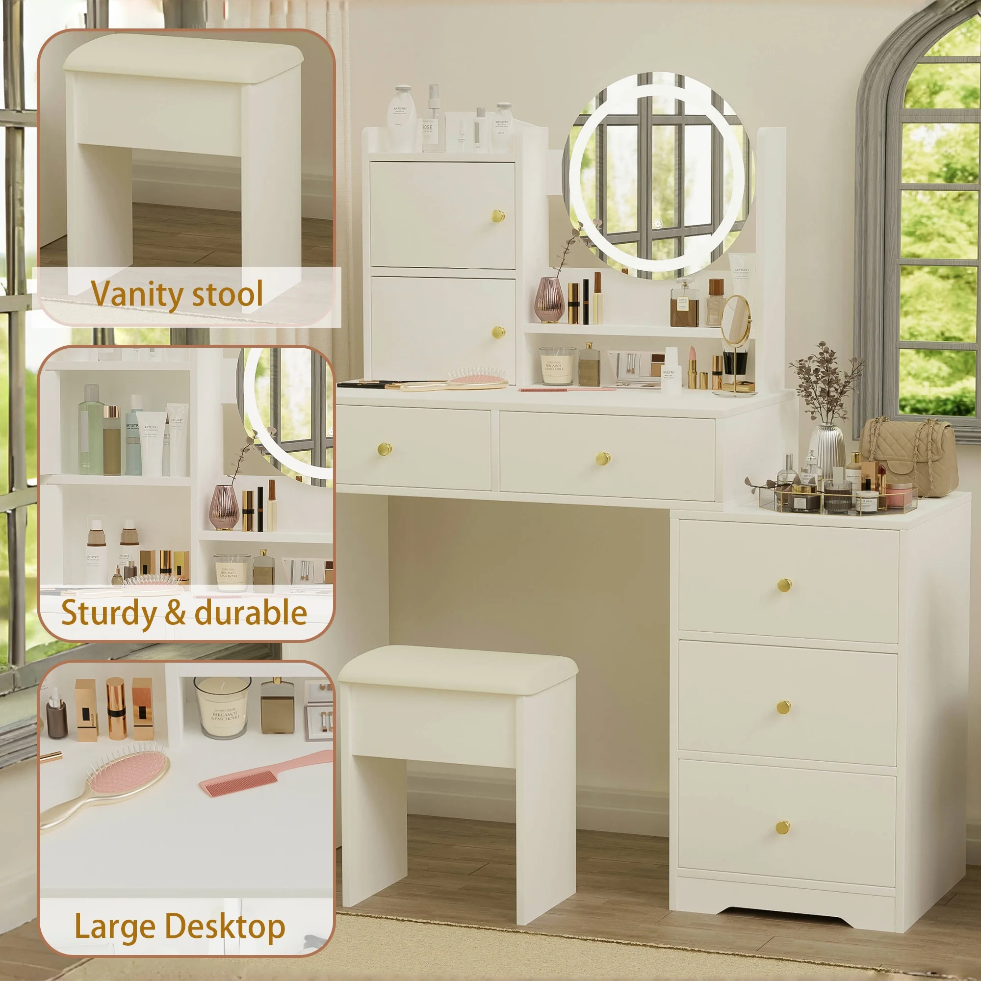 Montary Modern Mini Vanity w/Adjustable LED Mirror + Hidden Storage, Padded Stool & Dustproof Shelves (White) - Image 70