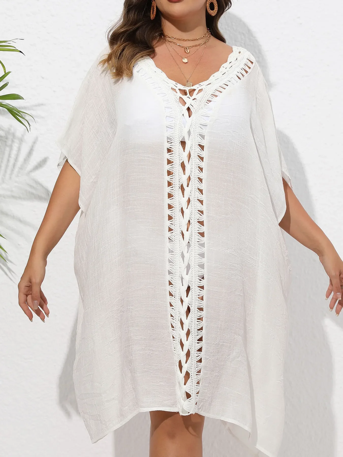 Crochet Trim V-Neck Beach Cover Up Dress - ZKZOOK