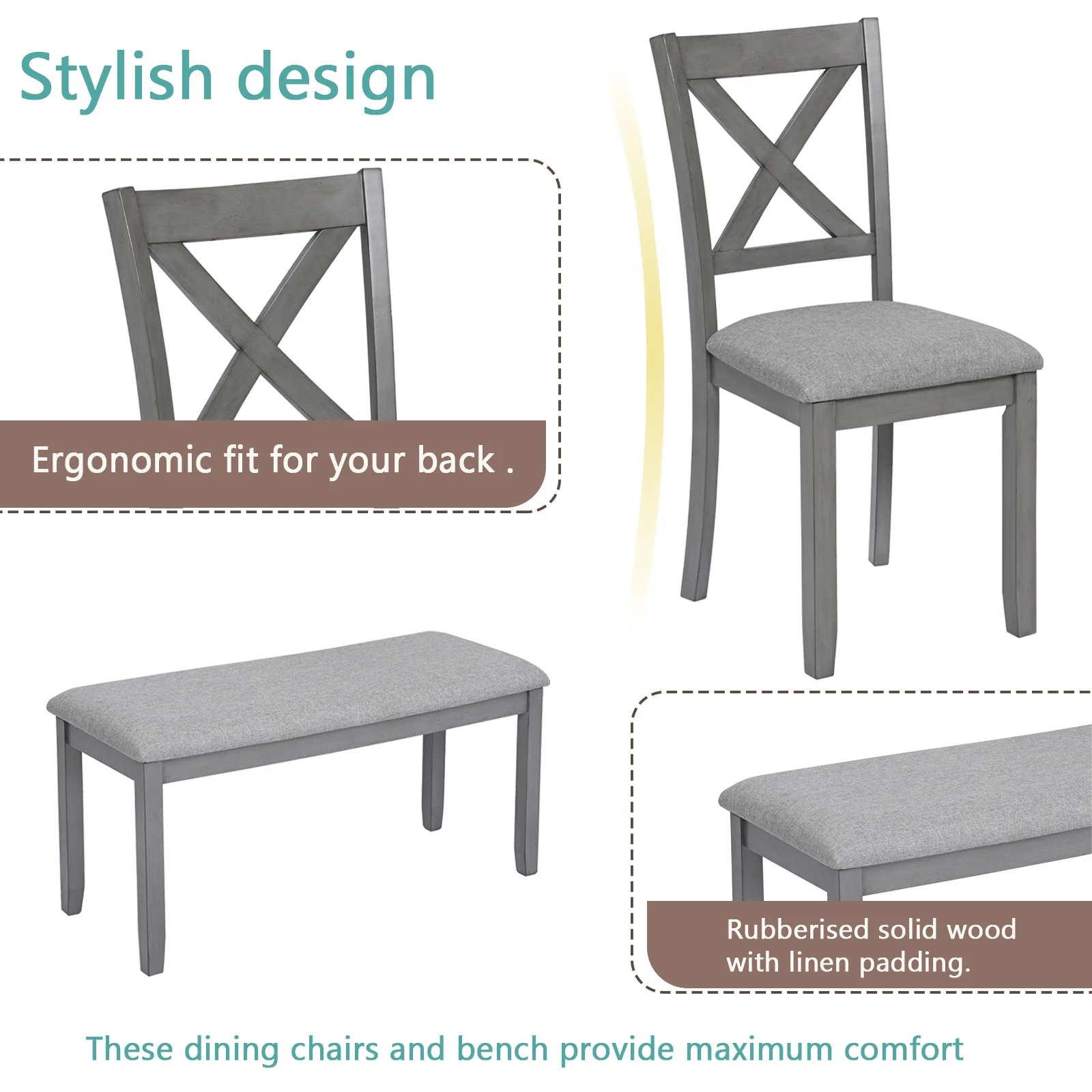 Dining Room Set, LEGAHOME 6 Piece Dining Sets with Bench and Chairs, Solid Wood Kitchen Dining Table Set for 6 with Upholstered Chairs, Gray - Image 34