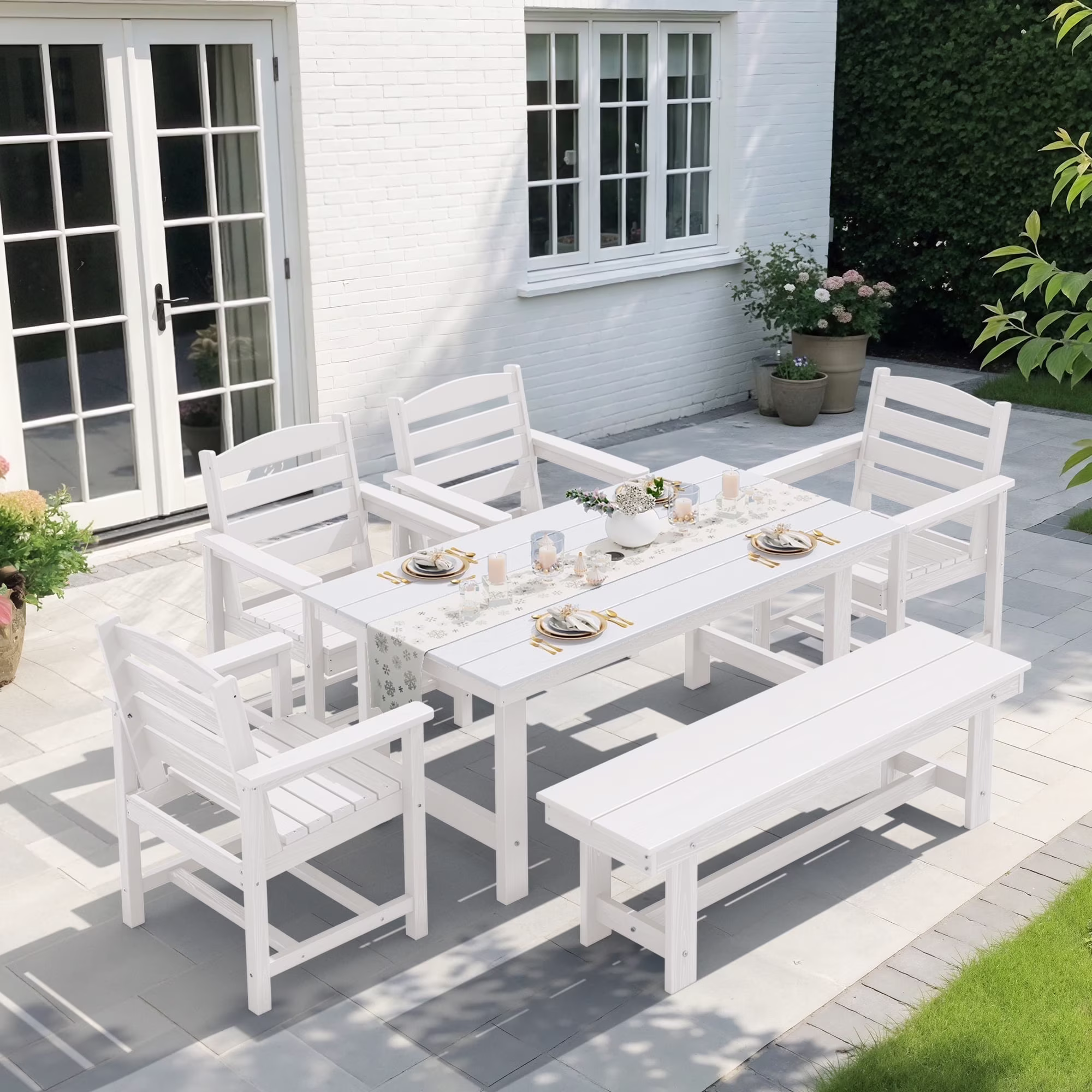 KINGYES 7-Piece Outdoor Dining Set, HDPE Patio Table and Chairs with Umbrella Hole, Gray - Image 35
