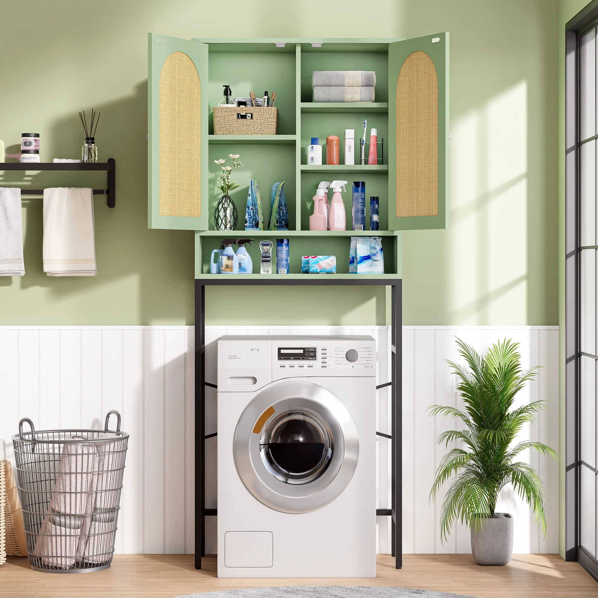 VEANERWOOD Rattan Over The Toilet Storage Cabinet, Bathroom Space-Saving Toilet Rack with Cupboard  Metal Stand & Adjustable Shelf,  Space Saver
