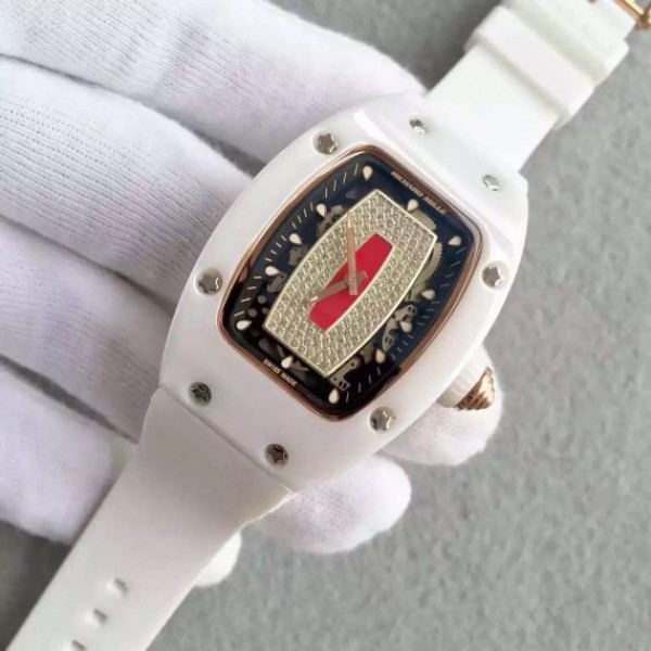 Replica Richard Mille RM 007-01 Lady SS Diamonds Red Dial RG White Rubber Strap 6T51 - Elite Watch Atelier