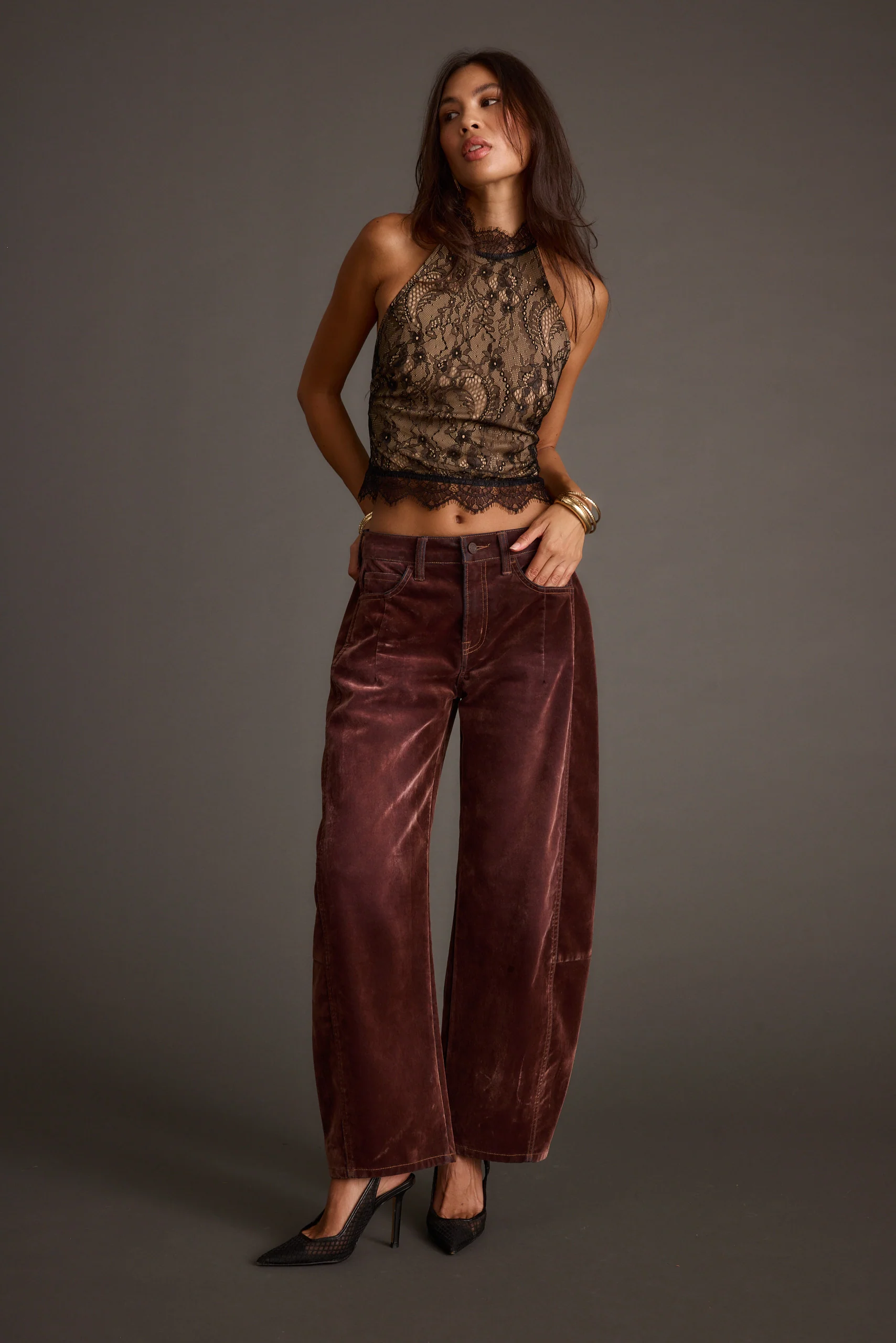 Vivette Black Lace Mock Neck Halter Top