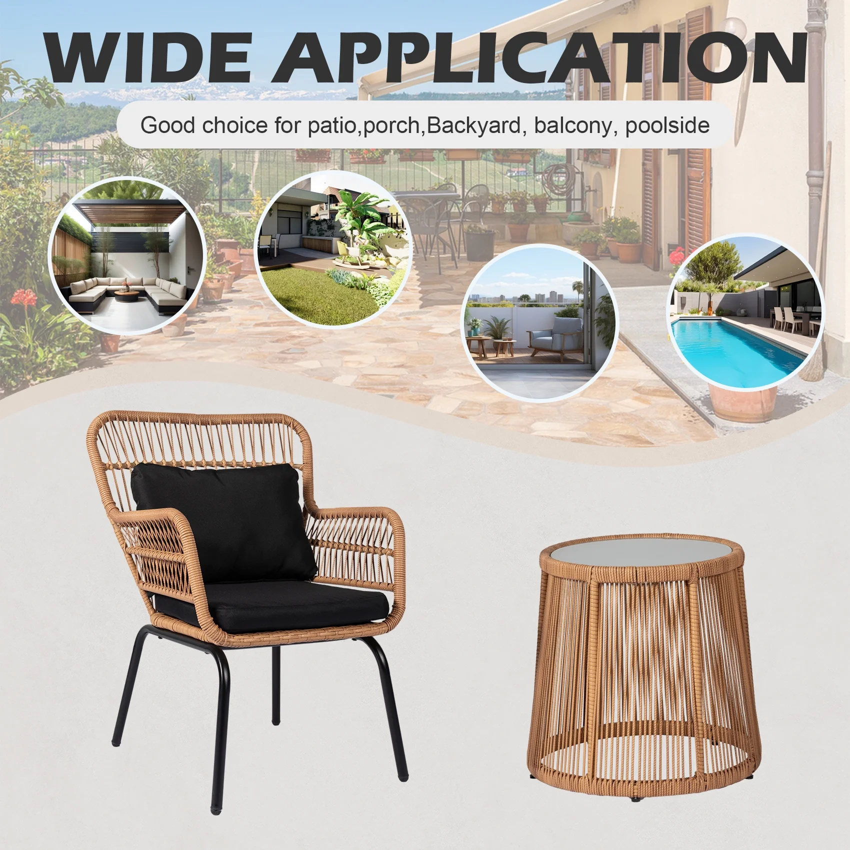 Tappio 3-Piece Patio Conversation Bistro Set Rattan Furniture, Outdoor Patio Set w/Glass Top Table & Cushions for Garden Balcony Backyard Poolside, Yellow/Beige - Image 30