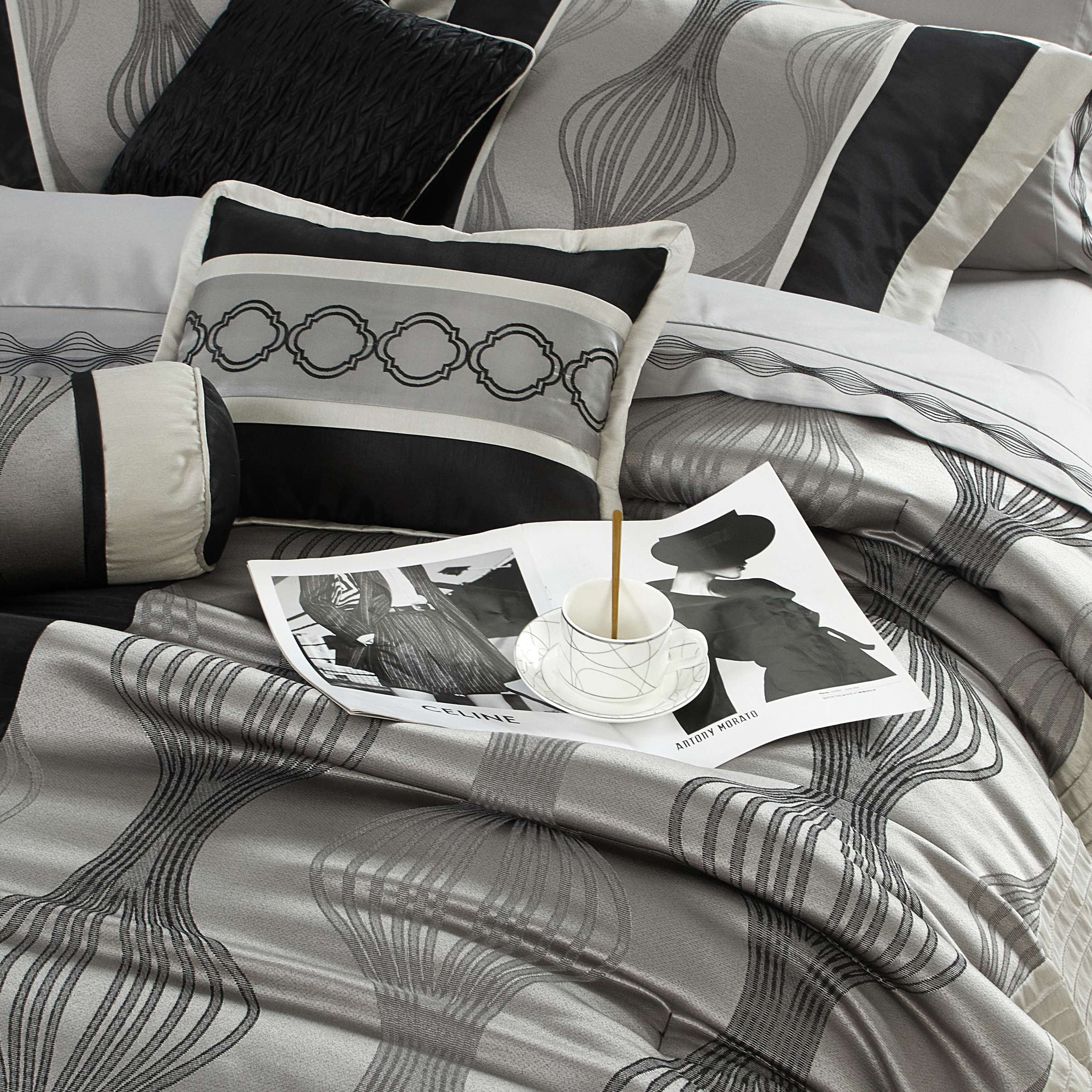 Lanco Black Silver Comforter Set , California King Size , 7 Pieces Fashion Jacquard Bedding Set