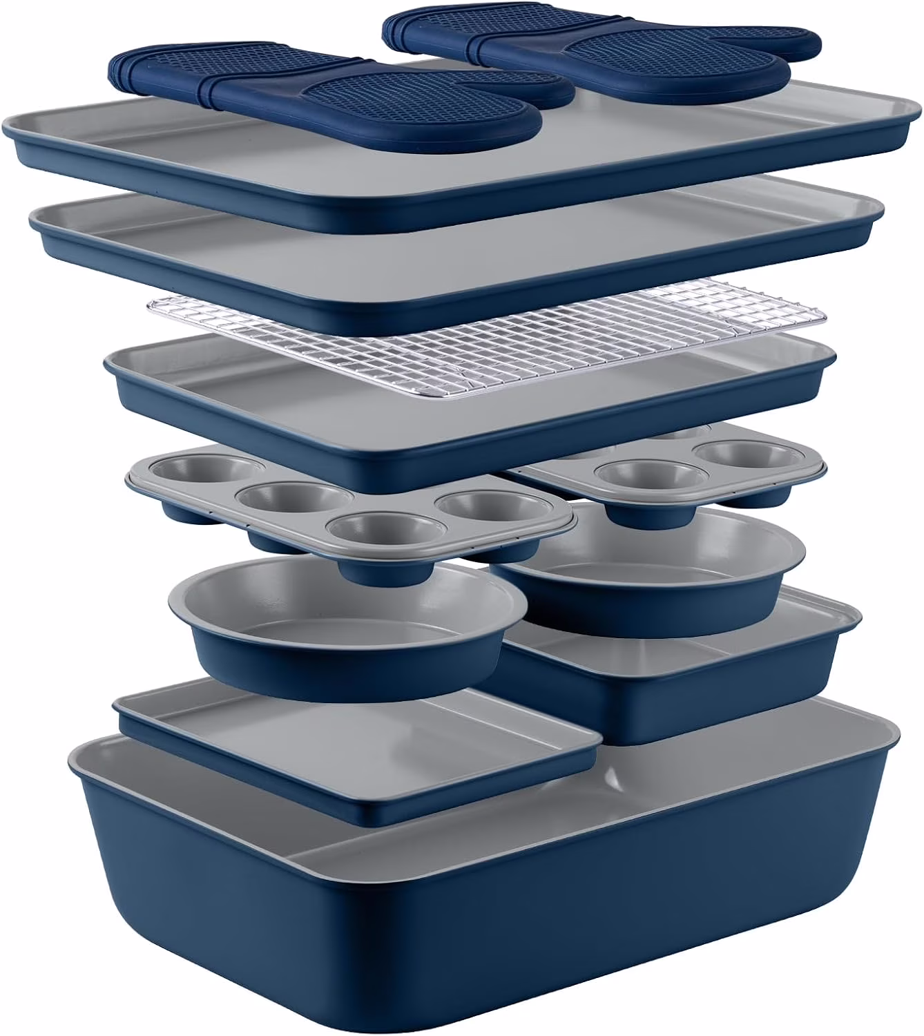 Nonstick Stackable Bakeware Set - Durable, Easy Release Baking Set, Denim, 13 Pcs