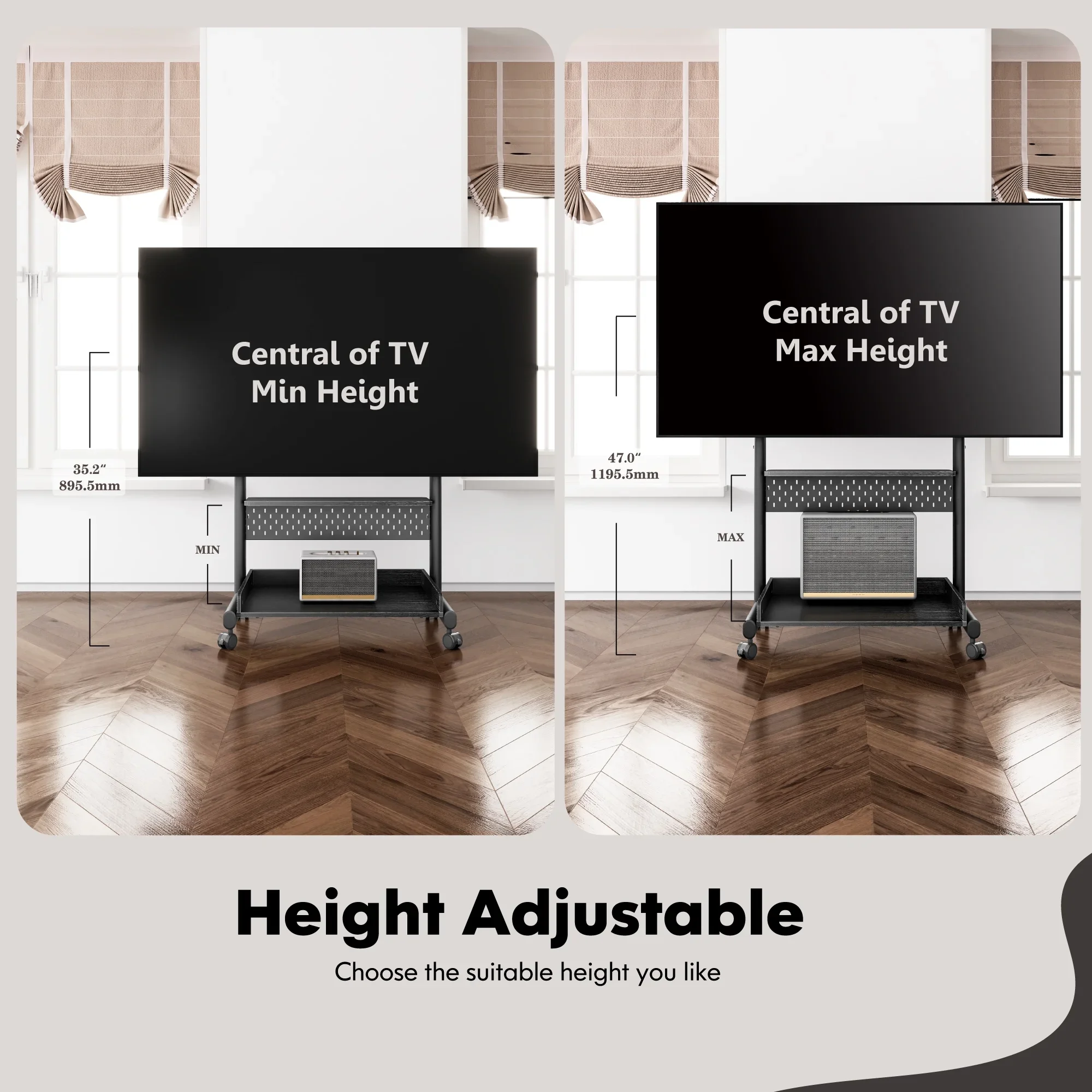 FITUEYES Rolling TV Stand with Wheels for 40-85 inch TVs, Height Adjustable Mobile TV Stand TV cart with Wooden Large Storage,White - Image 15