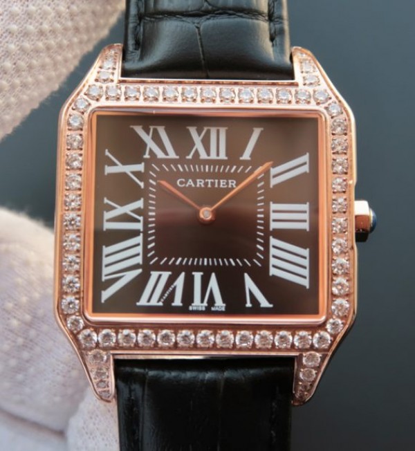 Replica Cartier Santos WH100751 Diamond RG Black Dial Leather Strap A9015 - Top club