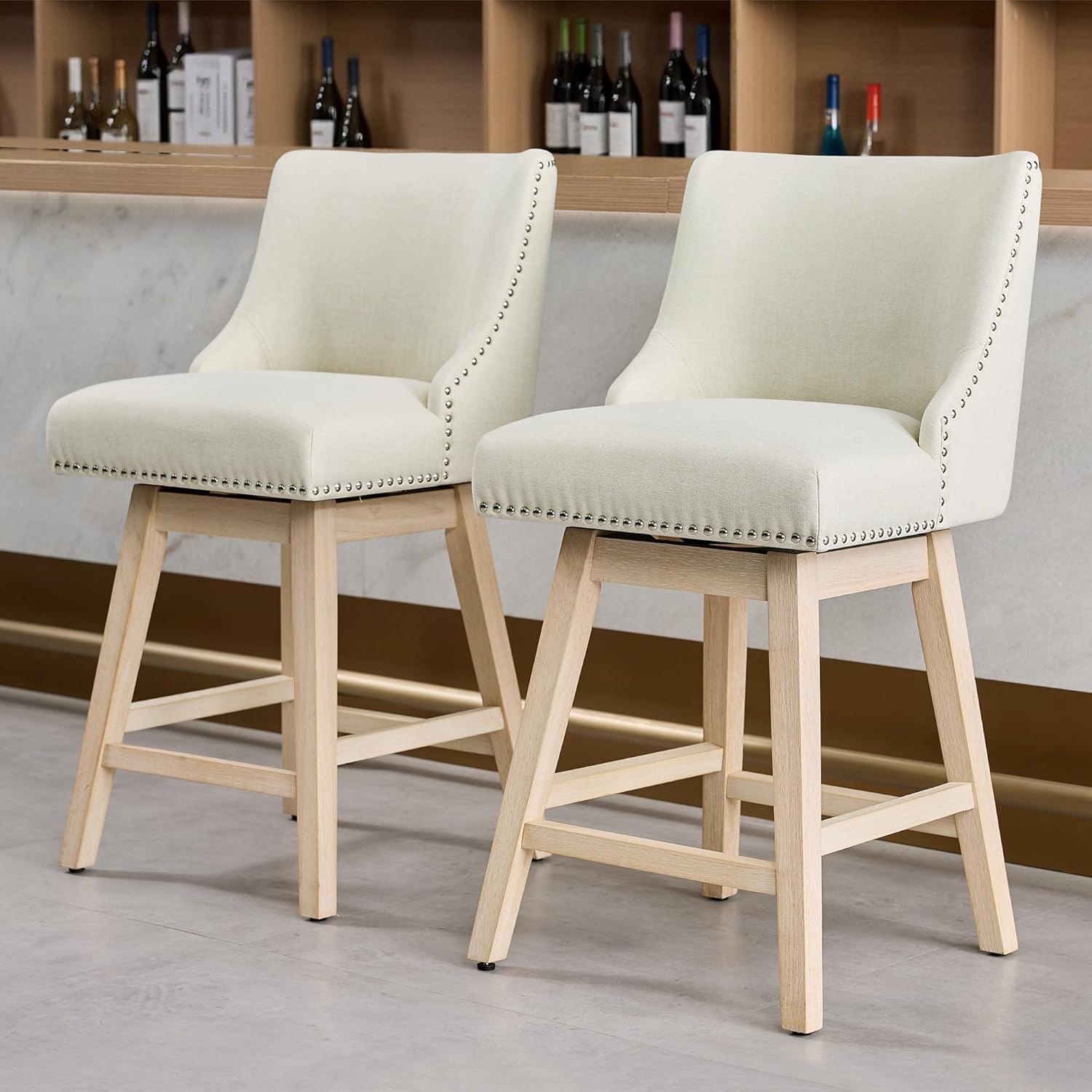 Counter Height Swivel Bar Stools Set of 2, Modern Linen Fabric Swivel Barstools with Back and Wood Legs, Upholstered 26