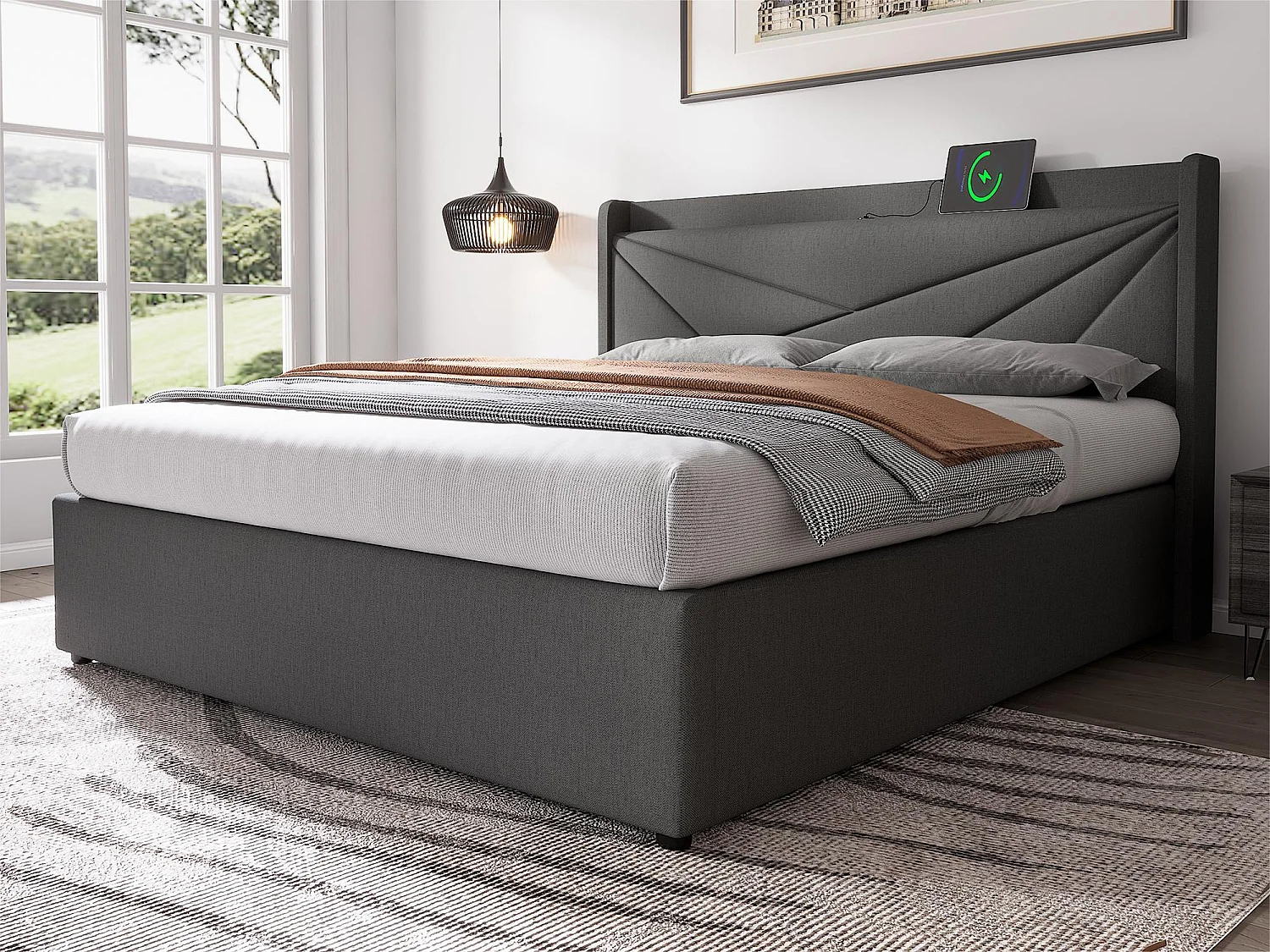 Lit coffre 160x200cm tissu en lin - avec port USB et sommier à lattes - Gris