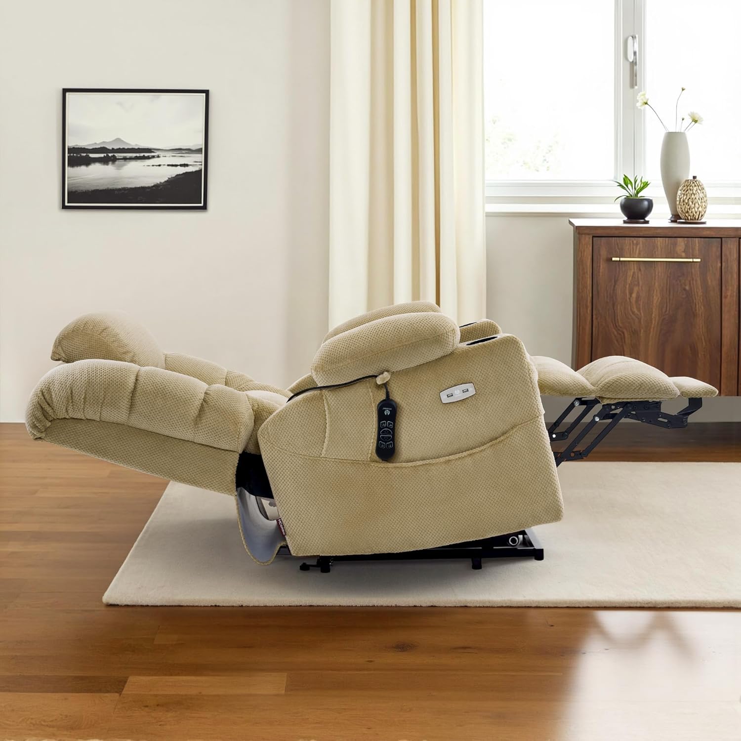MCombo Large Triple Motor Power Lift Recliner Chair with Massage and Dual Heating, Adjustable Headrest for Tall Elderly People, Fabric 7634 (Beige, Large)