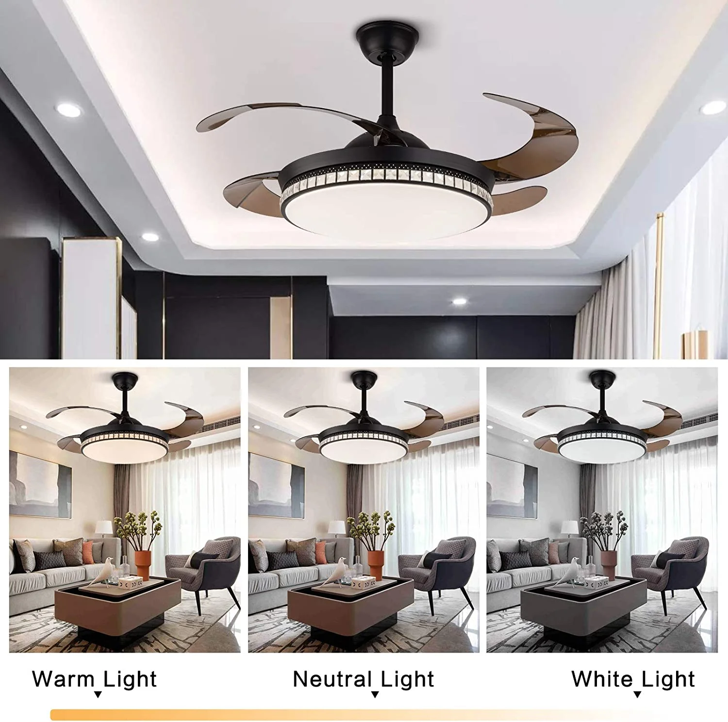 42 Inch Modern Crystal Ceiling Fan with Light and Remote Control,LED 3 Color Changing Lights Retractable Blades Chandelier with 4 Leaf Blade for Living Room,Bedroom (Black)