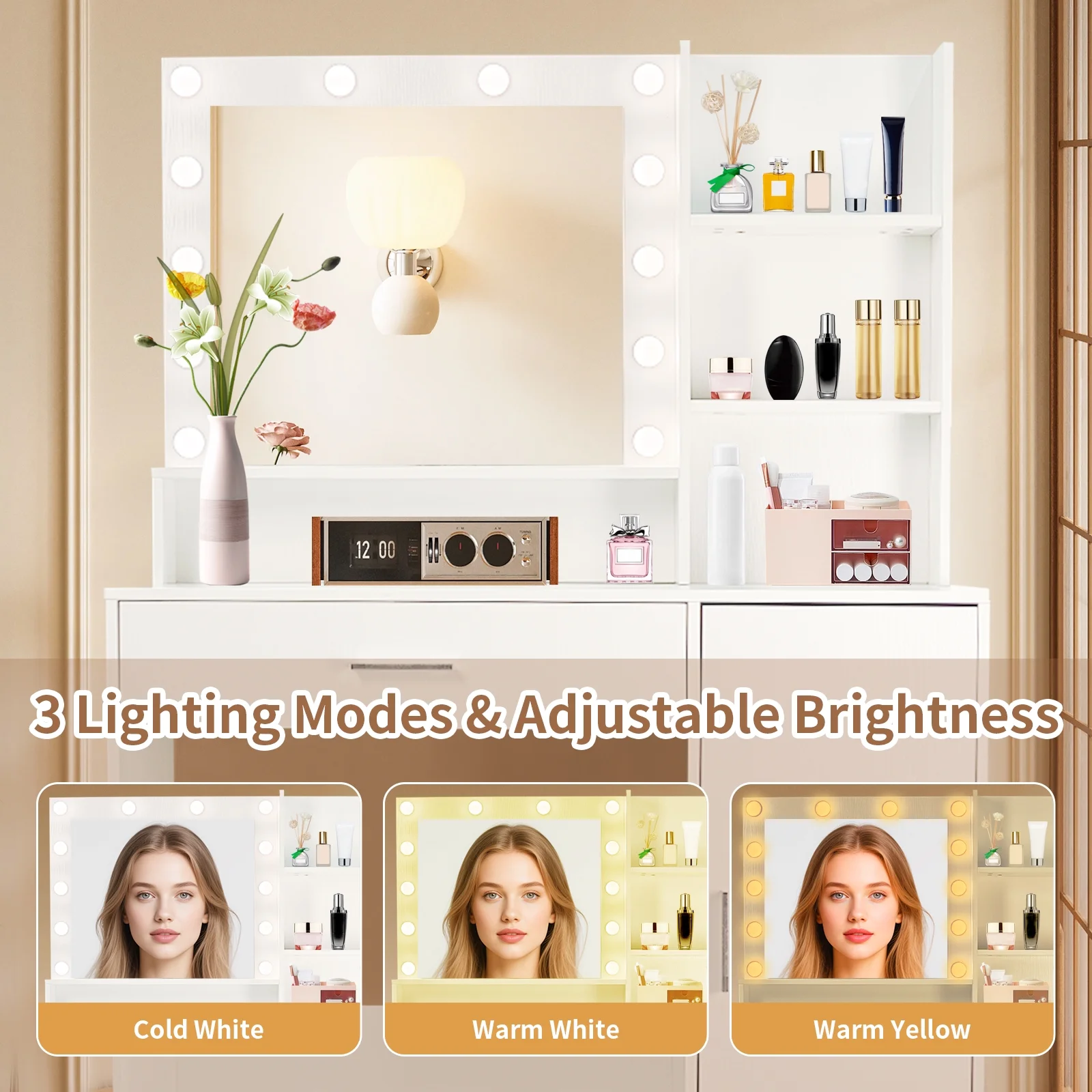 Vanity Desk with Mirror and Lights, Makeup Vanity with Drawer & Storage Cabinet, 3 Lighting Modes Adjustable Brightness, Makeup Desk with Open Shelves for Bedroom, Dressing Room, White