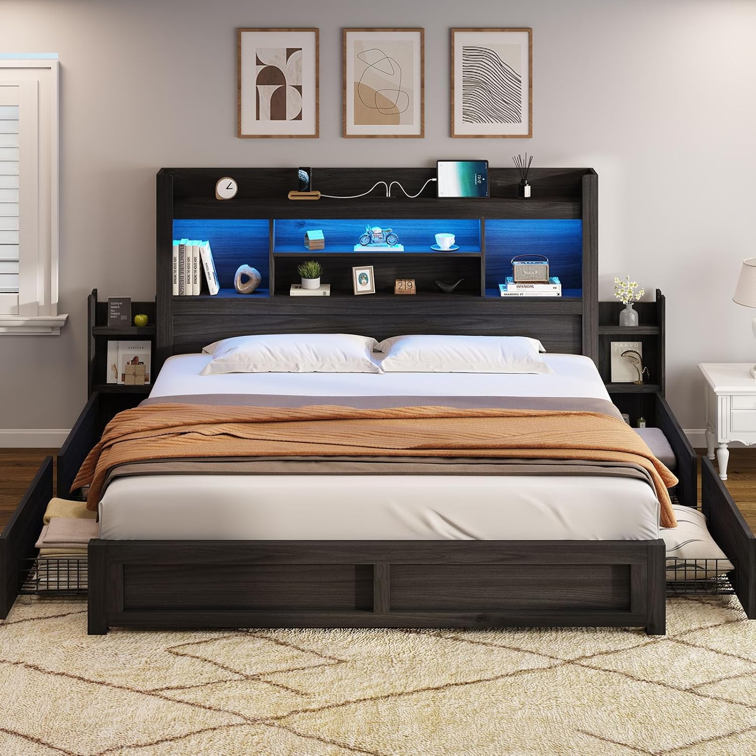 AMERLIFE King Size Bed Frame with 4 Storage Drawers, LED Bed Frame with 49.6