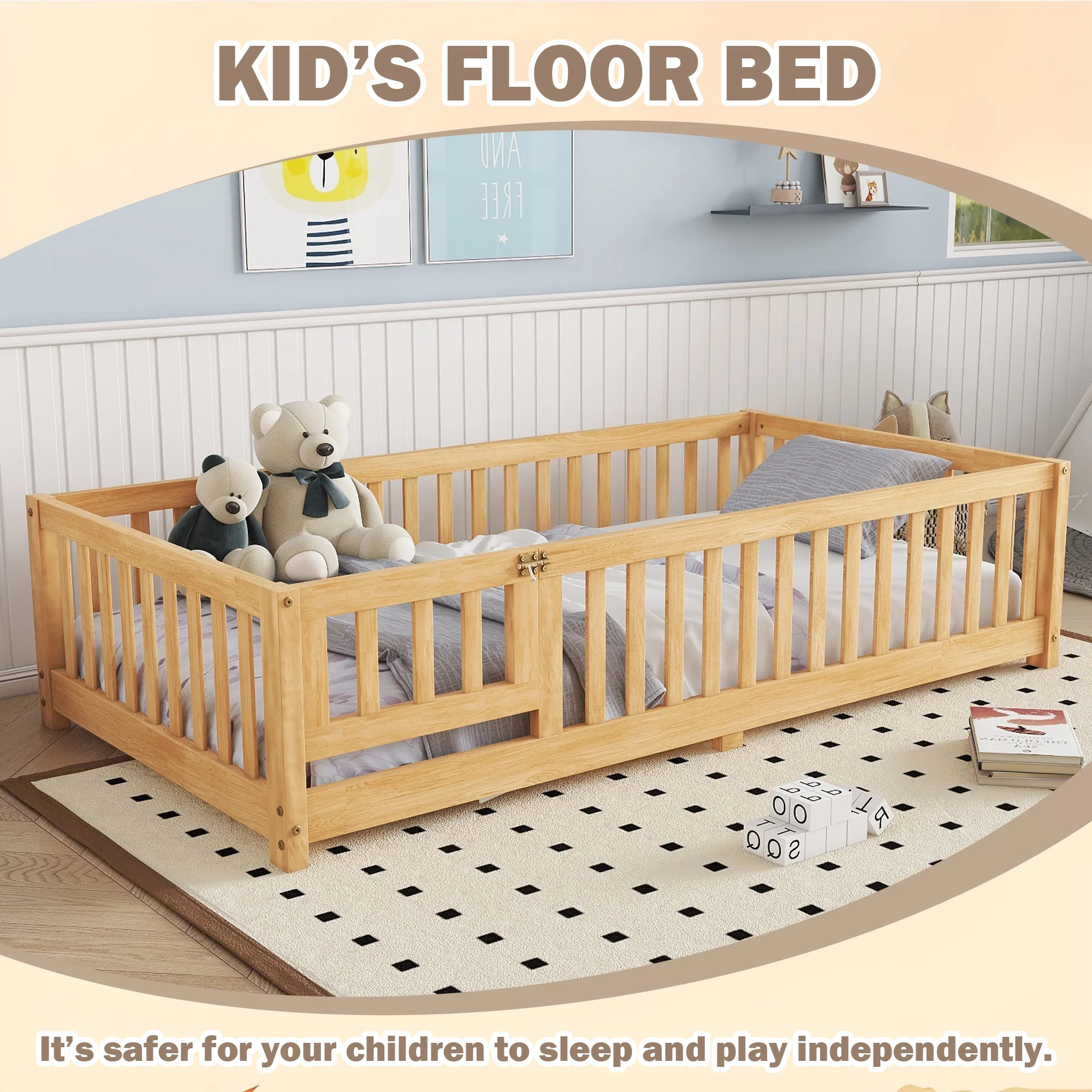 Bellemave Full Size Floor Bed with Door and Fence Floor Bed with Bed Slats Sturdy Wood Floor Bed Montessori Bed Frame (Full, Pink) - Image 13