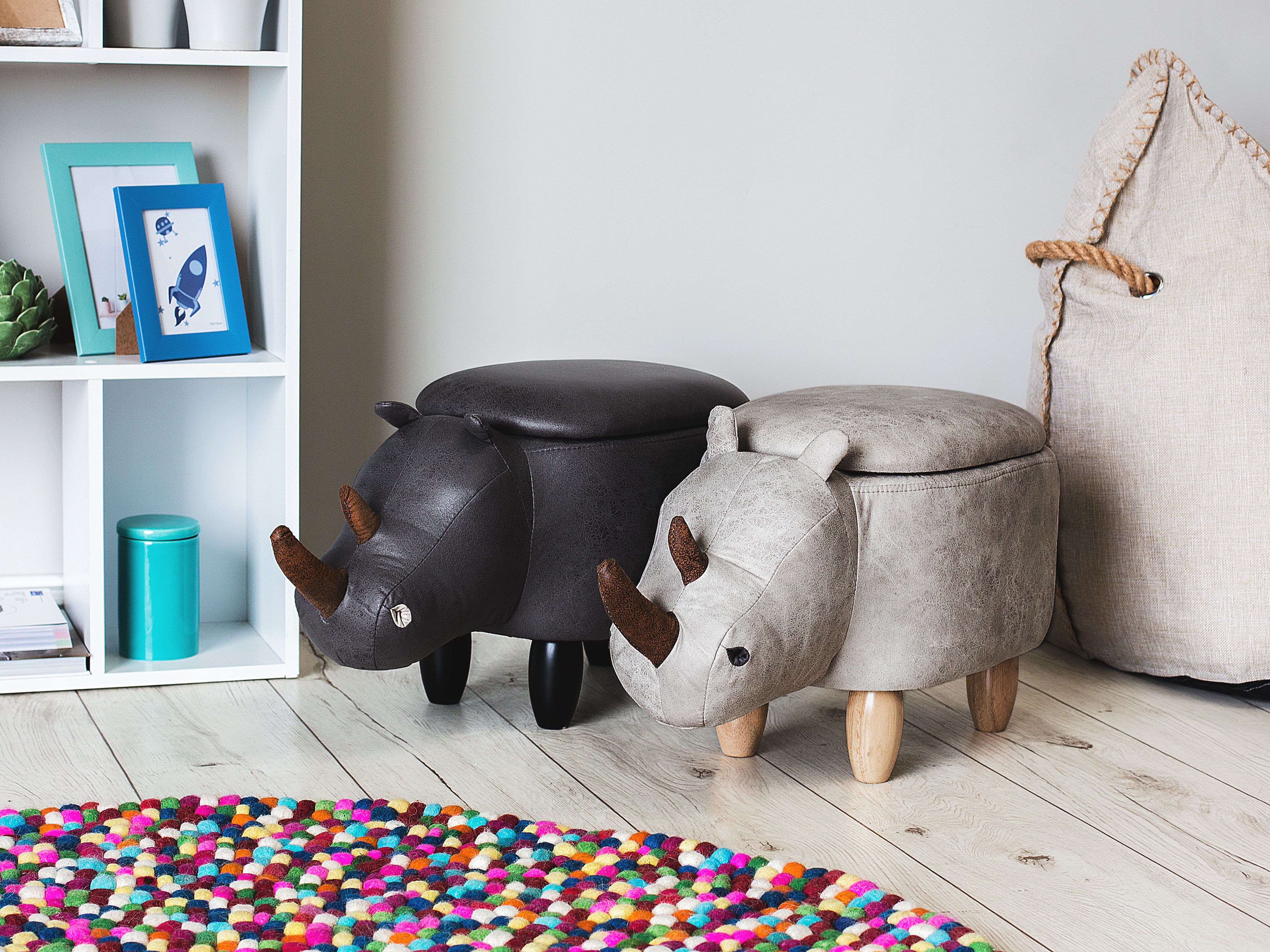 Storage Animal Stool RHINO Faux Leather Light Grey Rhino