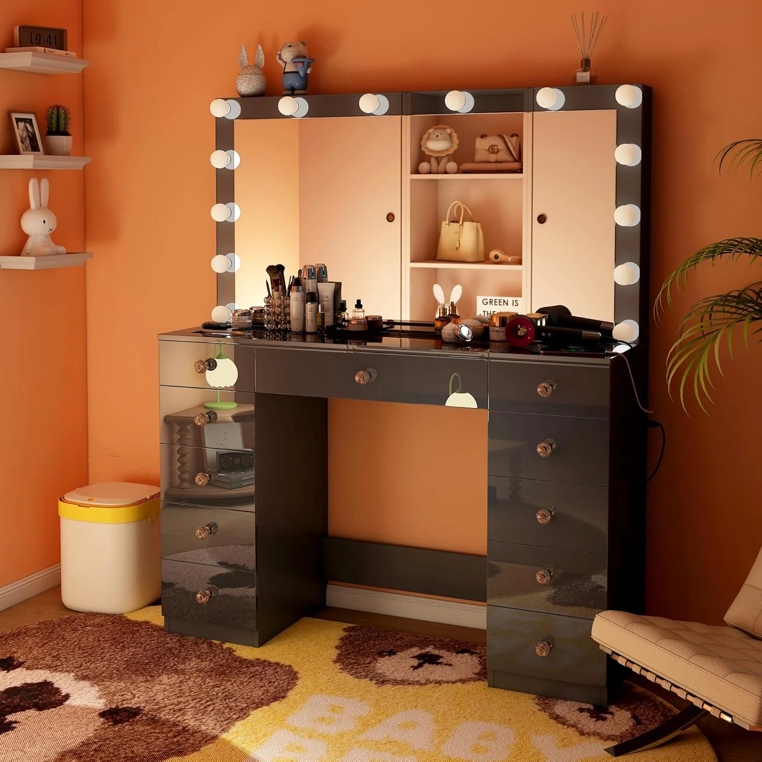 Vanity Desk with Power Outlet, Makeup Vanity with Mirror and 14 LED Light, 3 Lighting Modes,11 Drawer Vanity Table with Sliding Jewelry Storage, Glass Top, Specular Surface - Image 10
