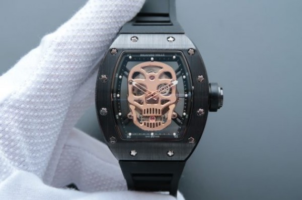 Replica Richard Mille RM052 Black Ceramic Gold Skull Dial Black Rubber Strap MIYOTA8215 - Top club