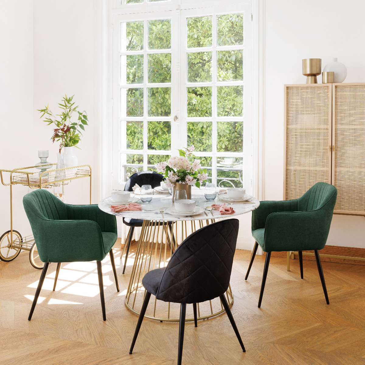 Dining table "Rayo" White marble effect, Gold, D.120 cm