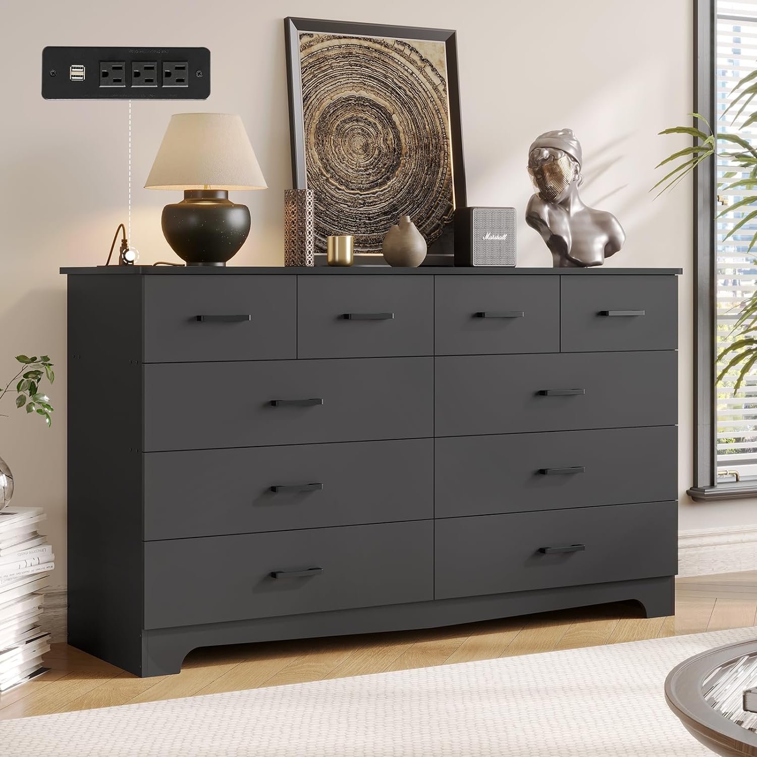 DICTAC Black Dresser for Bedroom with 10 Drawers, Large Chest of Drawers Storage Organizer, Long Dresser TV Stand with Power Outlets, Wide Dressers for Bedroom, Living Room 55.1
