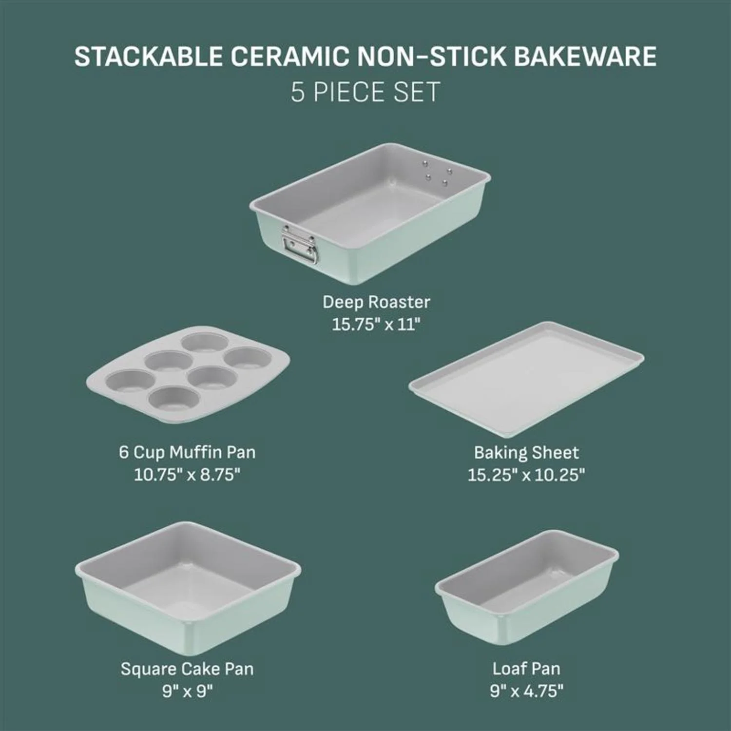 T-fal Stackable Ceramic Non-Stick Bakeware, 5 Piece Set, Mint Green