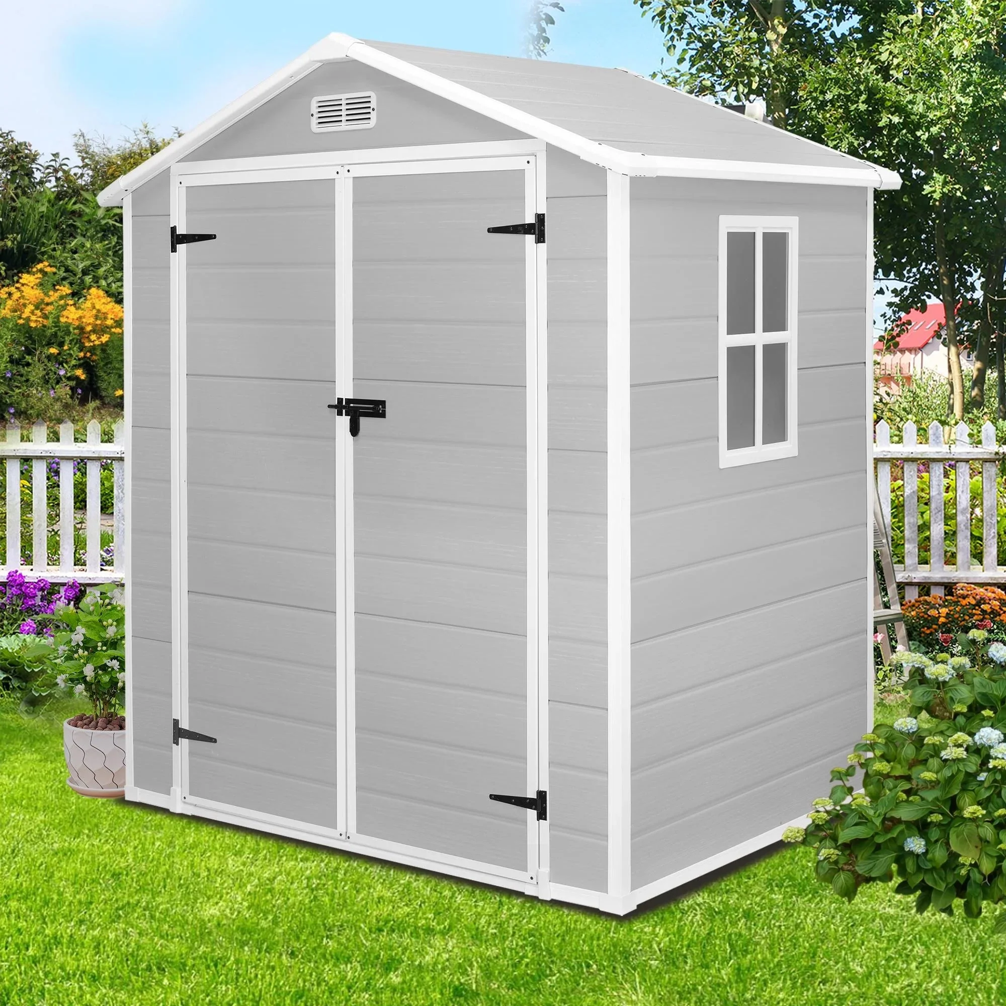 Seizeen Resin Outdoor Storage Shed With Floor, Light Gray, 82 in H - Image 14 Seizeen Resin Outdoor Storage Shed With Floor, Light Gray, 82 in H - Image 14