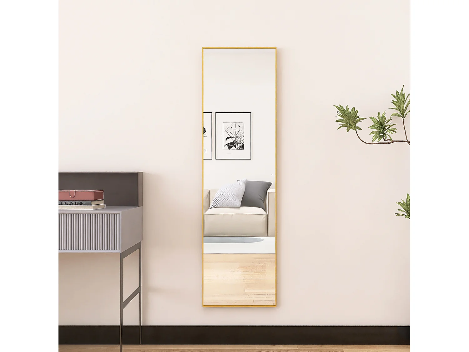 Miroir suspendu mural - 140x40cm Miroir pleine longueur - Rectangle avec cadre en métal - Or