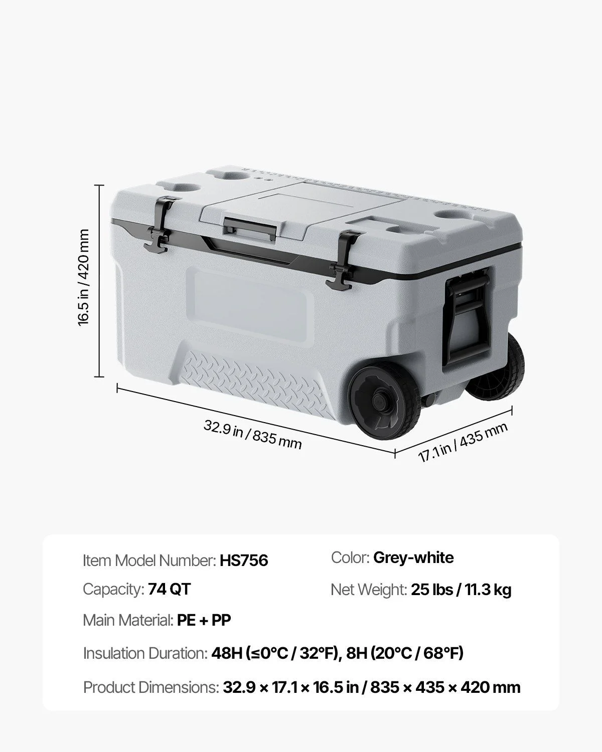 74 QT Wheeled Cooler - 120 Can Capacity Portable Ice Chest with Heavy-Duty Wheels & Cup Holders, Insulated Outdoor Cooler for Camping, Tailgating, Beach & BBQs, Leak-Proof Drain & Extended Cold Reten - Image 7