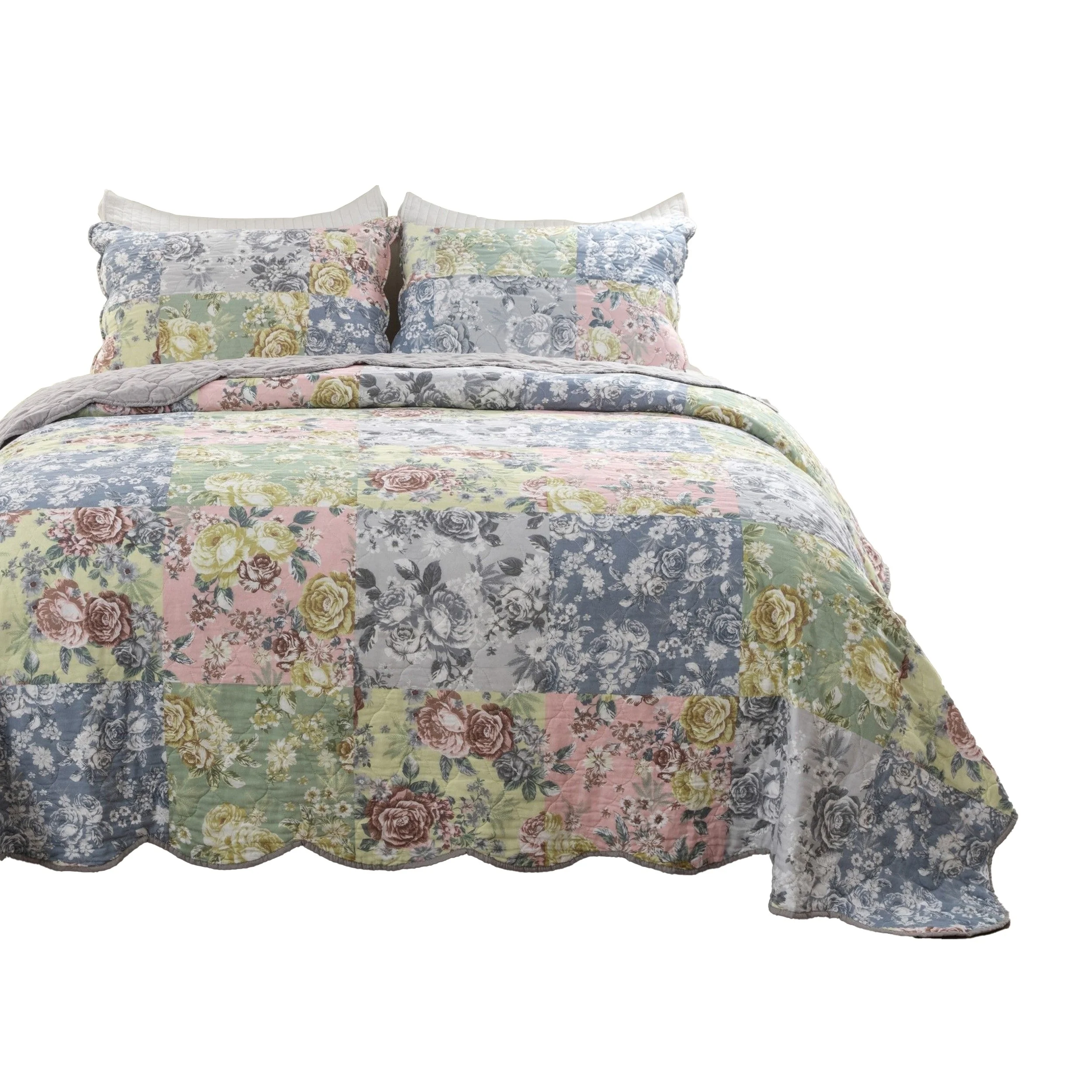 Eni 3 Piece California King Cotton Quilt Set, Pastel Blue Flower Design- Saltoro Sherpi
