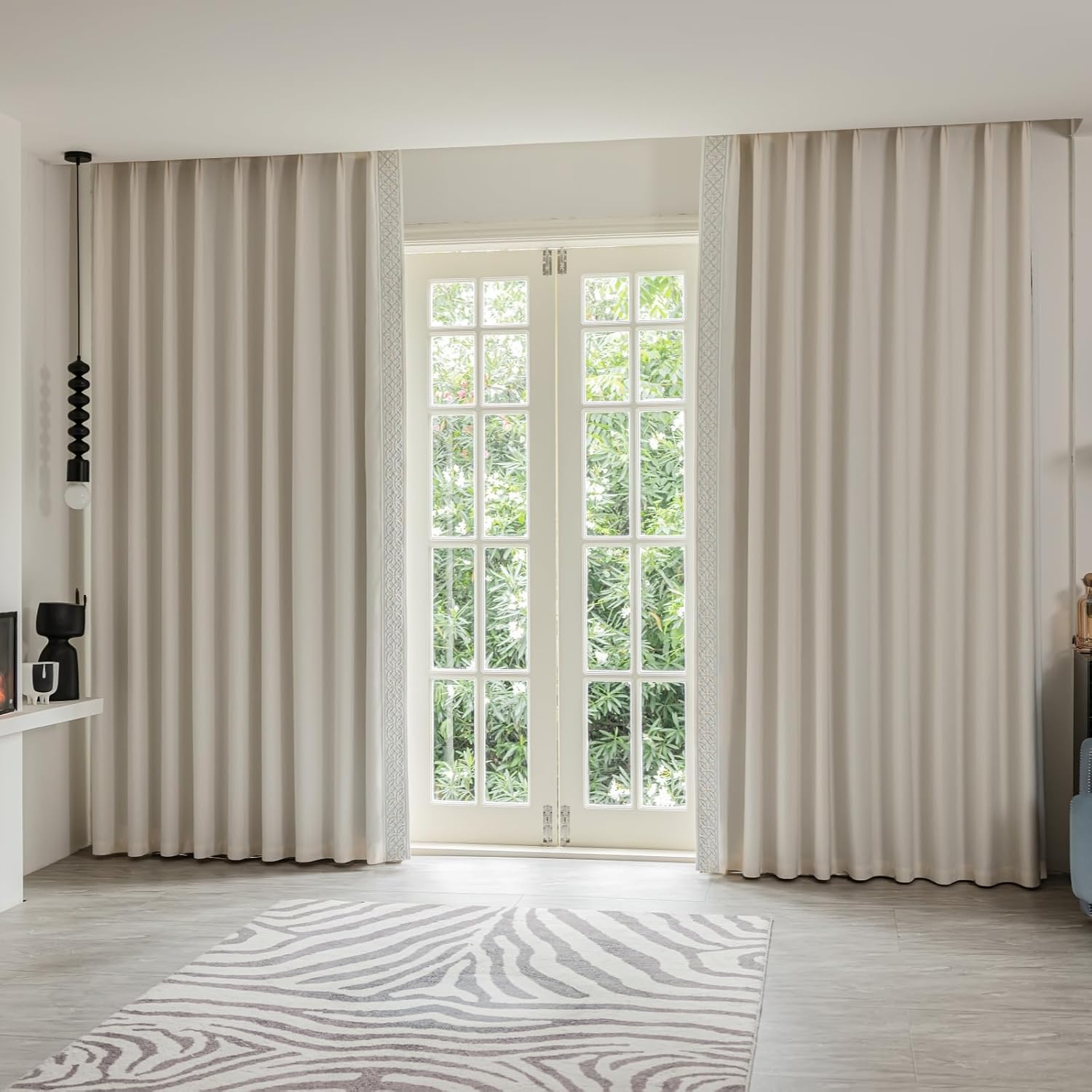 Luxury Cotton Linen Pinch Pleat Curtains, Embroidered Trim Memory Trained Drapes for Stylish Living Room, (50