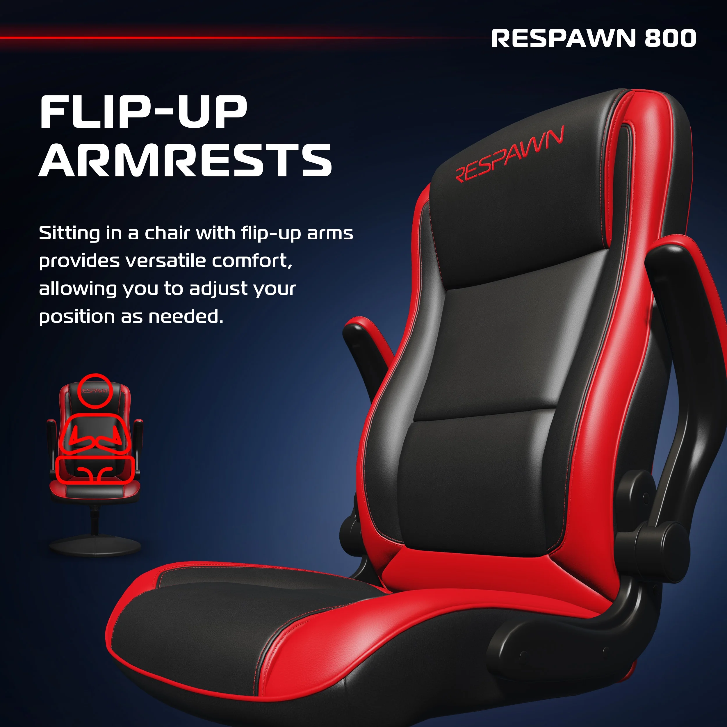 RESPAWN 800 Swivel Rocker Gaming Chair - Ergonomic Floor Gaming Seat with Lumbar Support, Flip Up Armrest, High Back, Pedestal Base, Comfortable No Wheels Console Video Game Rocker Chair - Red - Image 14