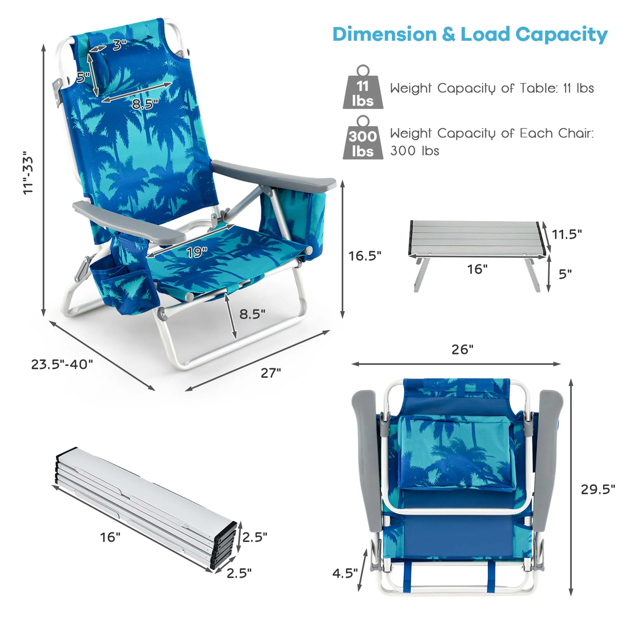 Costway 2-Pack Folding Backpack Beach Chair Table Set 5-Position Outdoor Reclining Chair Pink - Image 67