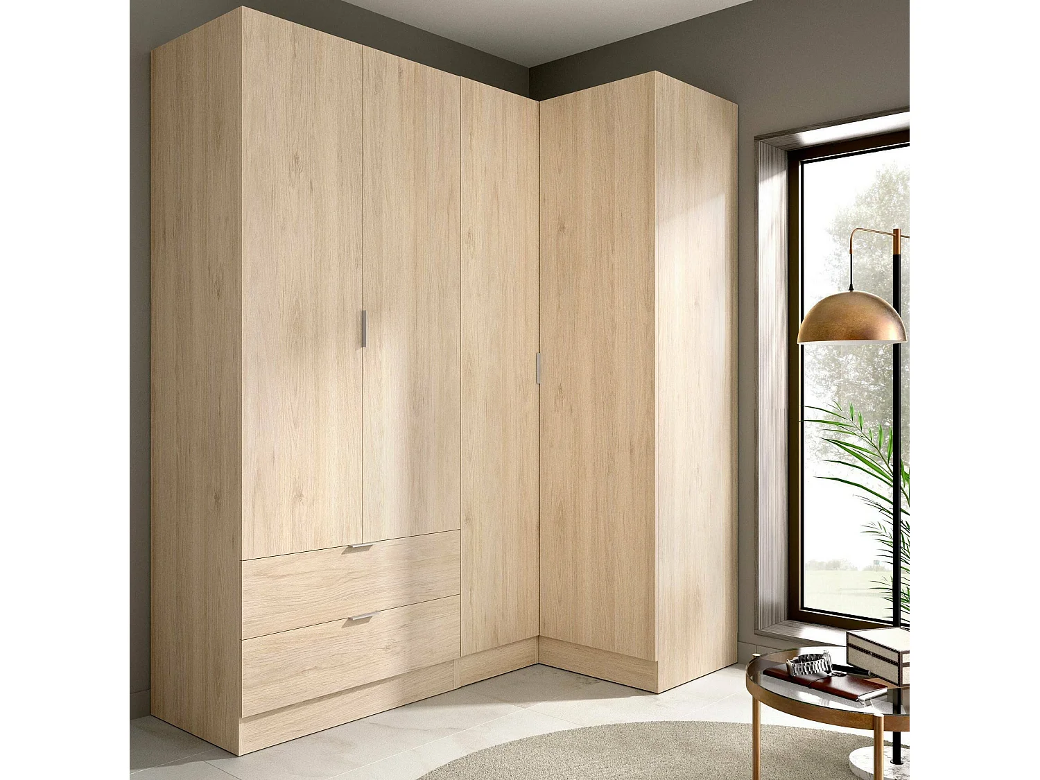Armoire Sillara, Armoire d'angle pour chambre à coucher, Armoire d'angle avec 4 portes battantes, 174x91h184 cm, Chêne