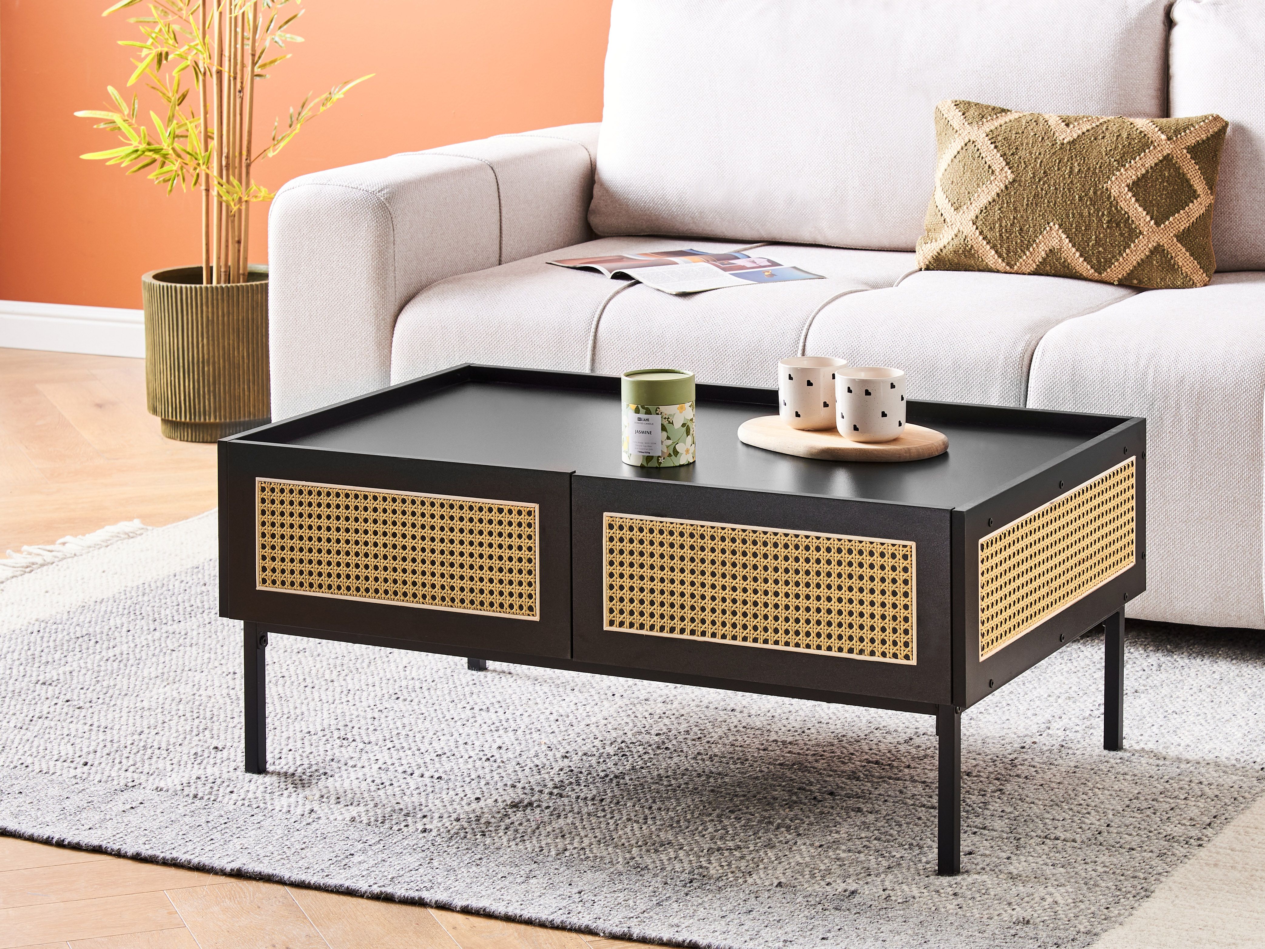 Coffee Table CULLEN Rattan Black with Storage