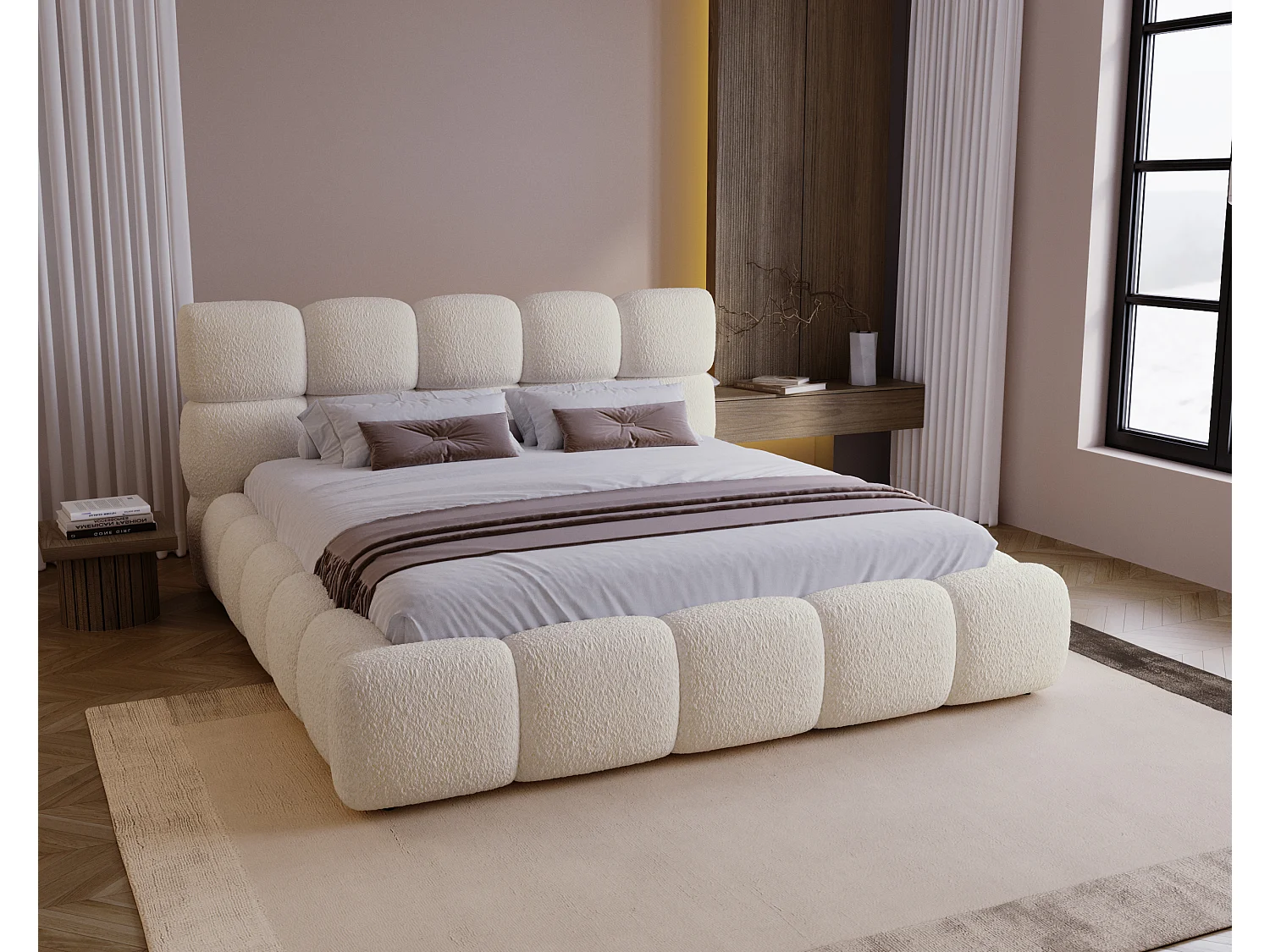 BESILIO Lit tapissé 180x200 bouclé Boston – lit avec coffre de rangement et sommier, lit coffre moderne en mousse épaisse – Beige